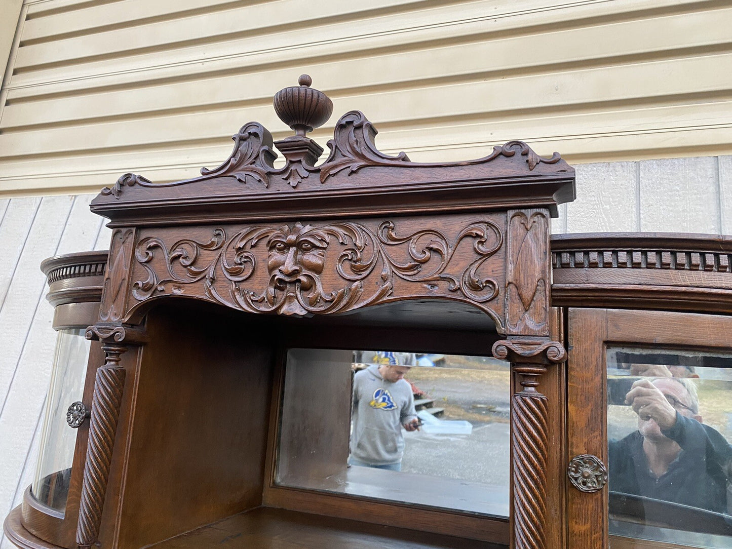 66071   Antique Victorian Hand Carved Oak Bow Glass Curio Cabinet