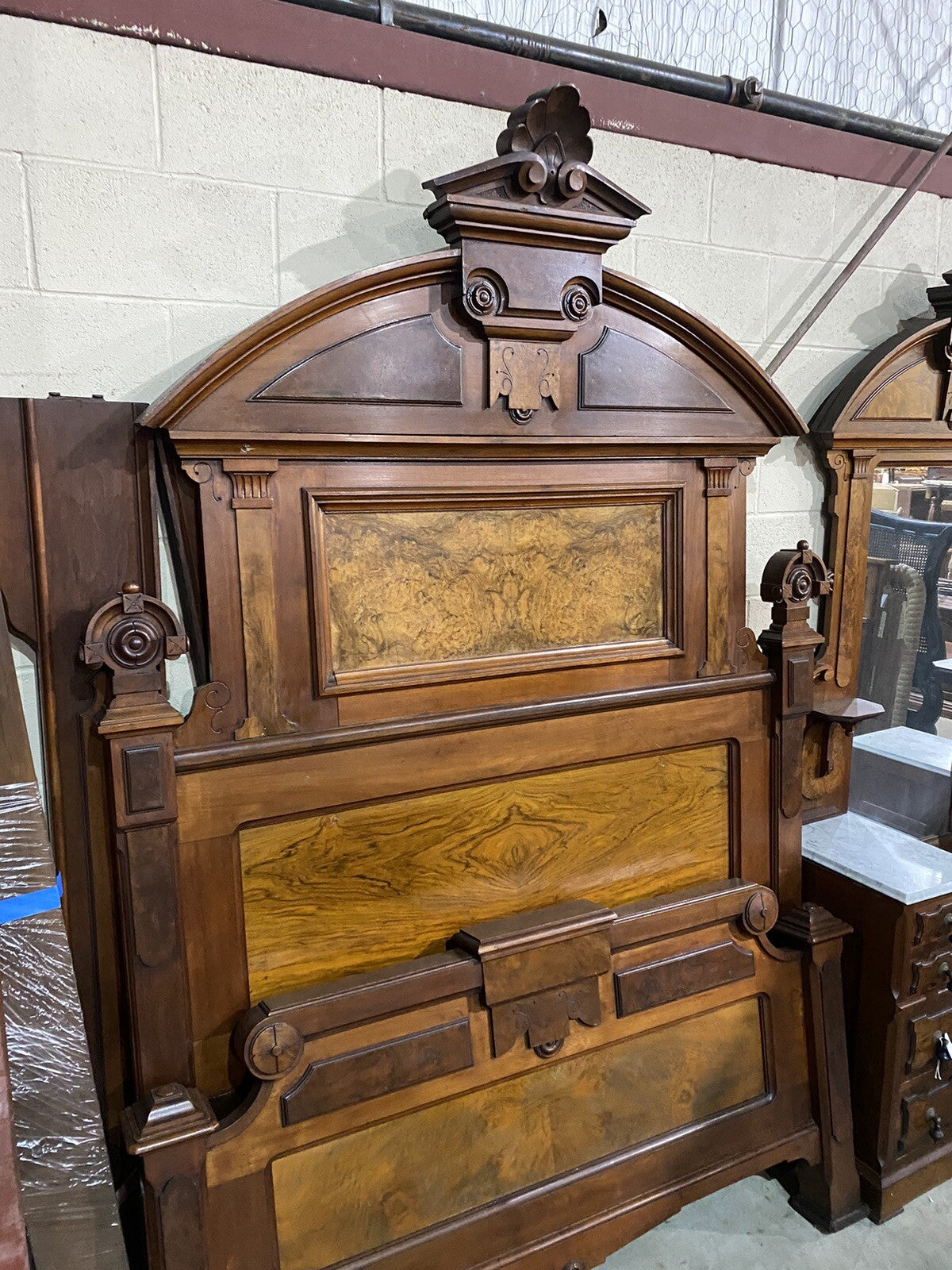 63933   Antique Victorian Walnut  2 pc Marble Top Bedroom Set Bed Dresser w/ Mir