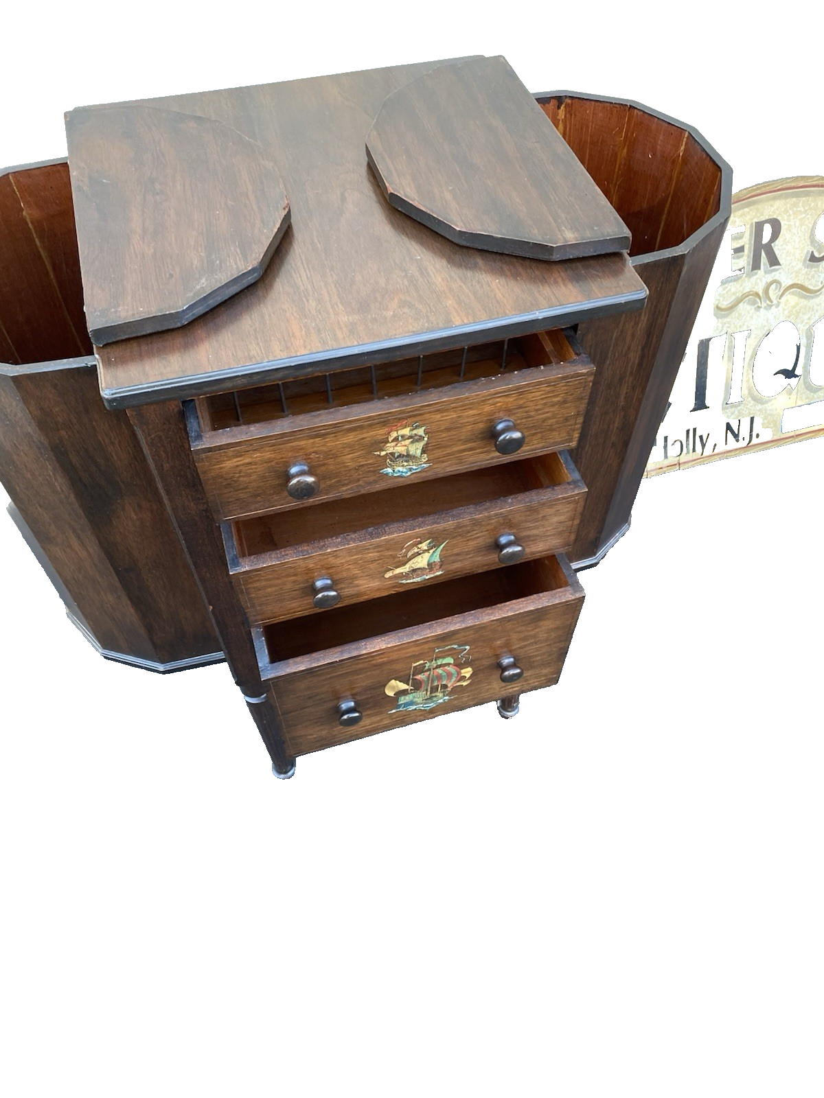 66476 Antique Mahogany Sewing Stand Hand Painted Parrot and Ship Designs