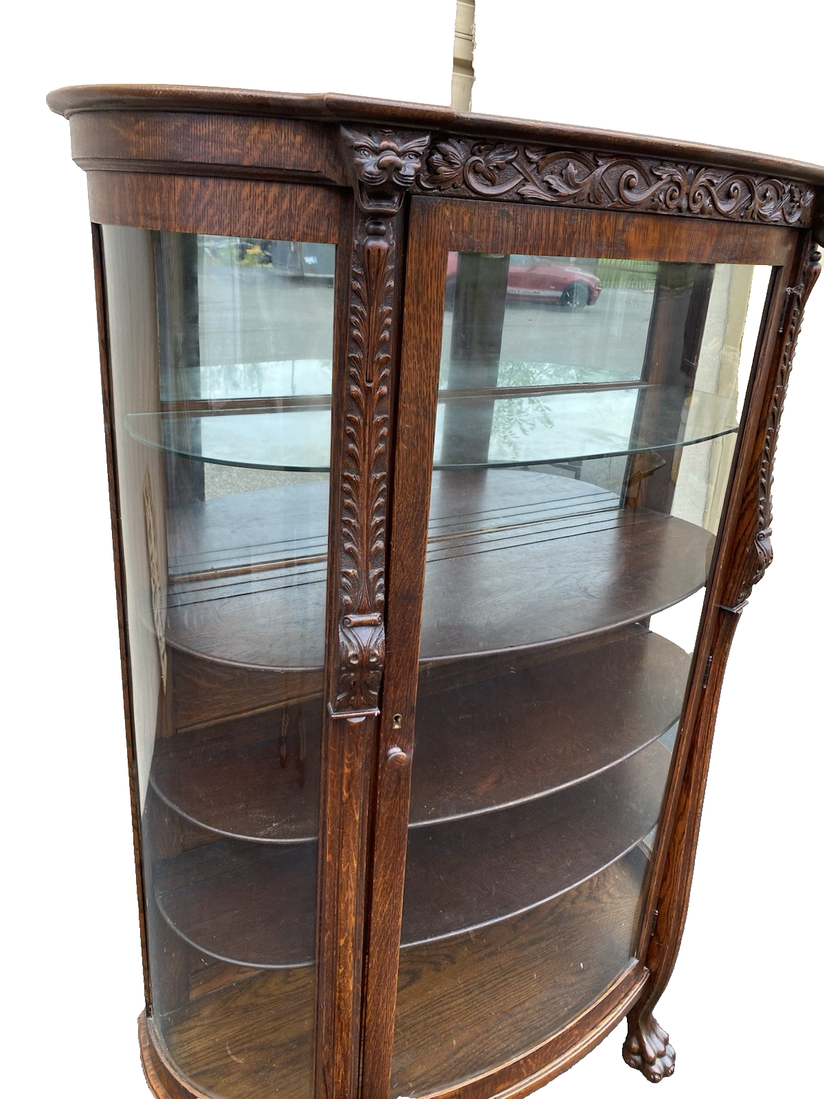 63537 Antique Victorian Oak Hand Carved Bow Glass Lion Head Curio China Cabinet