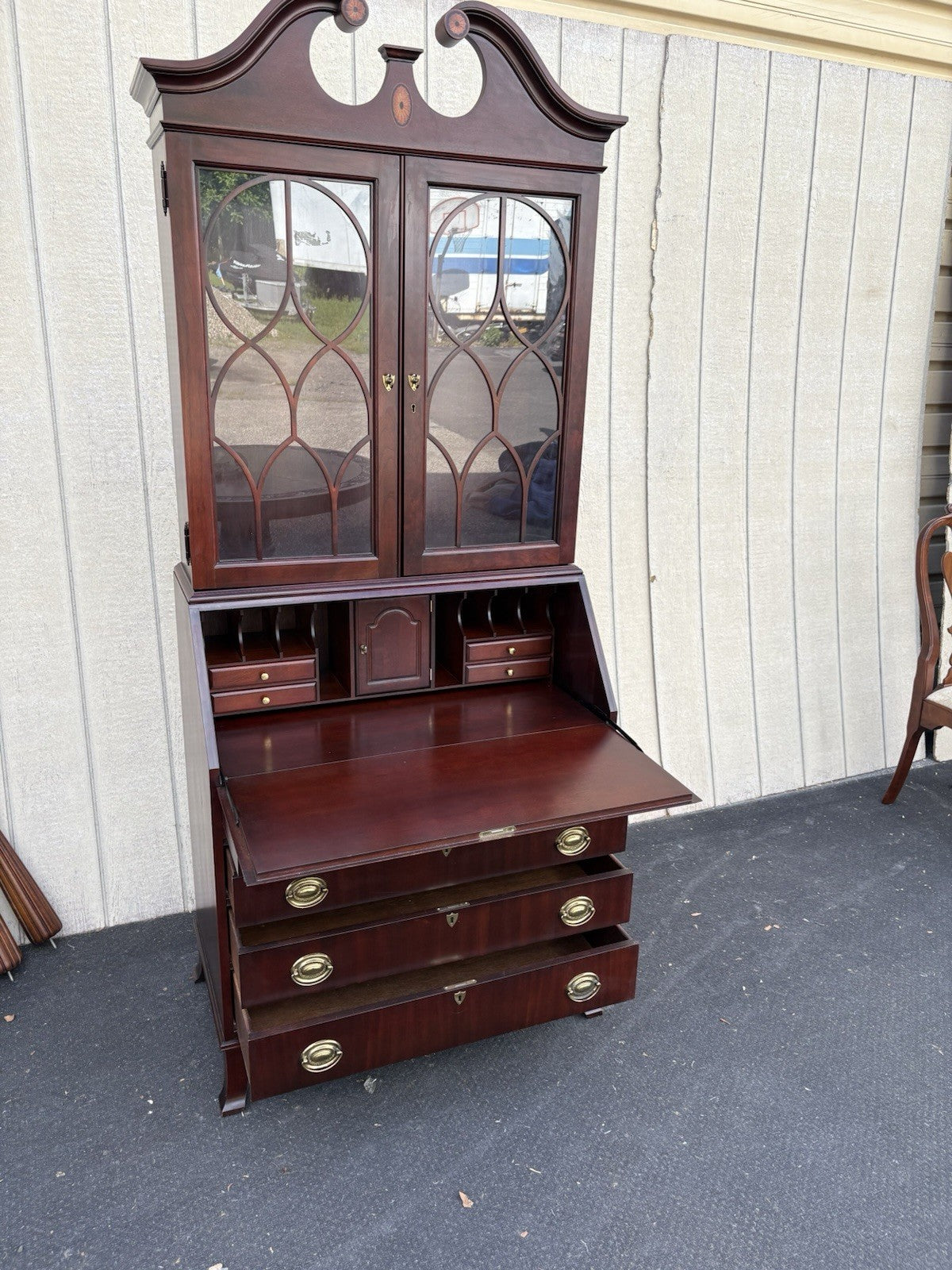 66641   Inlaid Mahogany Jasper Furniture Secretary Desk w/ Bookcase Top