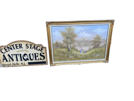 66562 Large Oil Painting on Canvas of Bridge in Frame Artist Signed 41 x 30