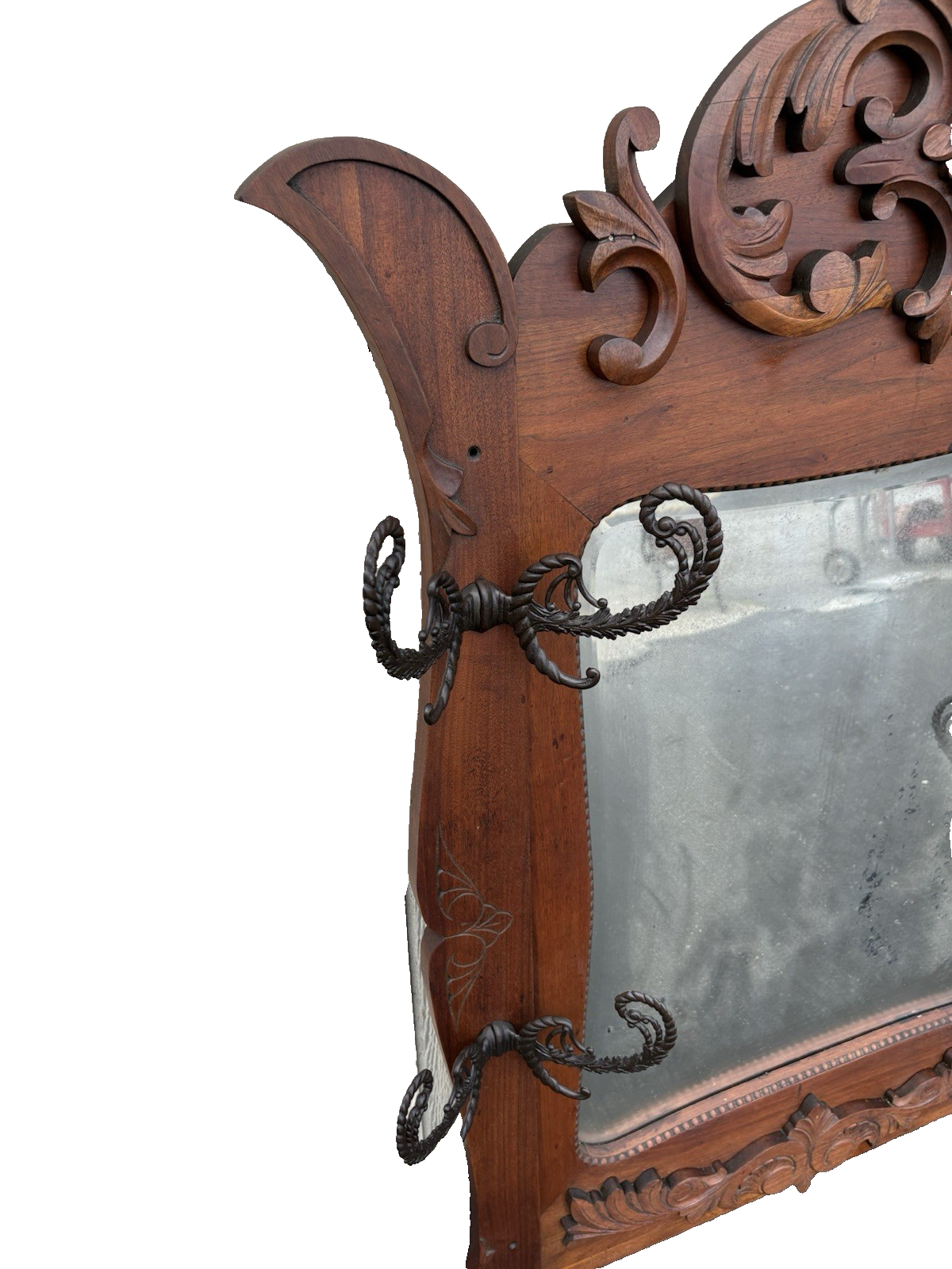 66724 Antique Victorain Mirror with 4 Hooks to hang coats hats Hatrack Coattree