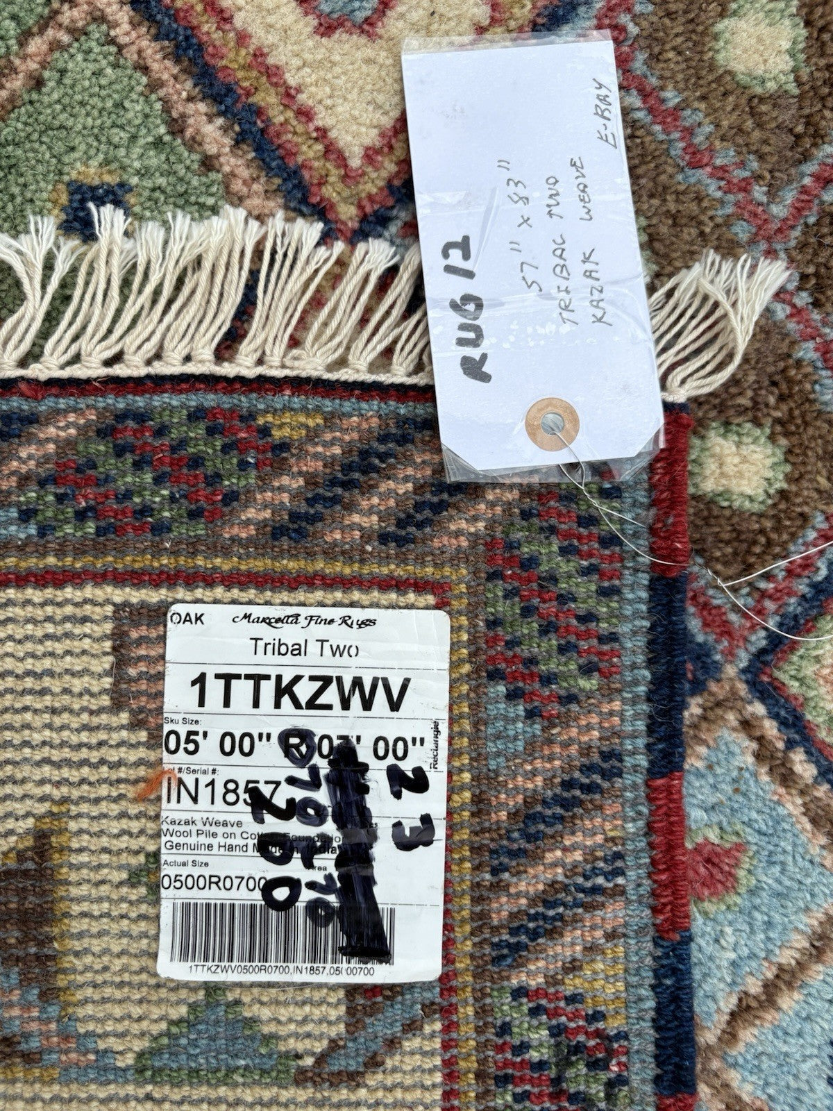 RUG 12: Oriental Wool KAZAK WEAVE TRIBAL TWO  Rug Carpet SIZE 57" x 83"