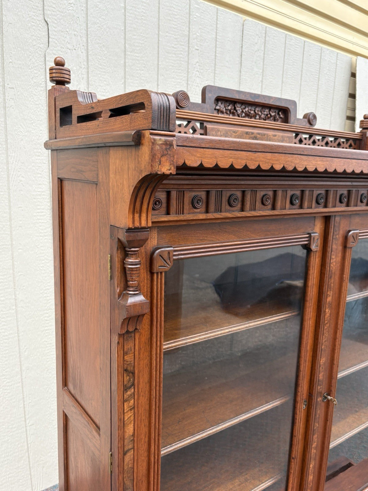 67027 Antique Walnut Victorian Bookcase Curio Cabinet