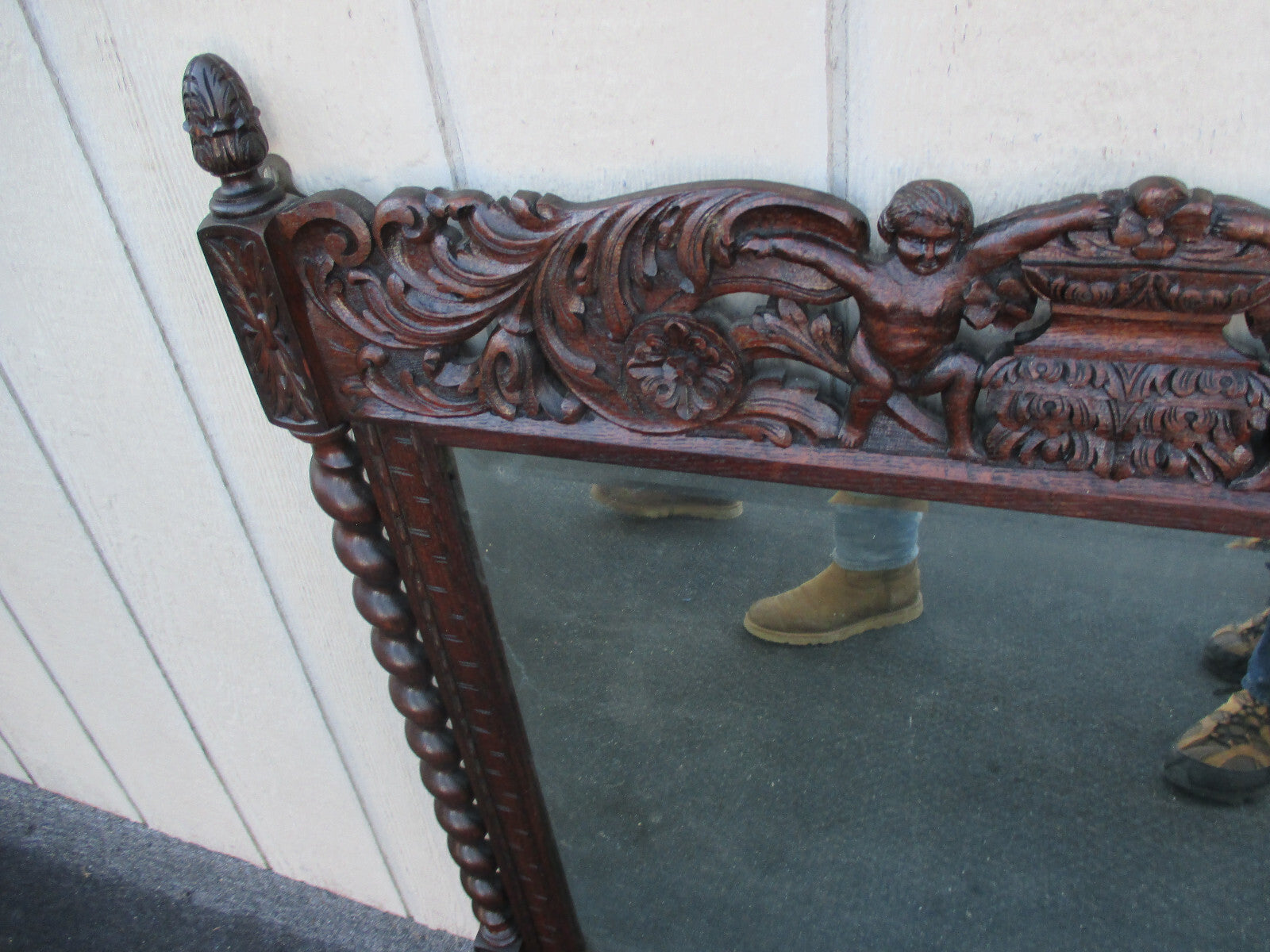 64039   Antique Oak Hand Made Mirror with Cherub Carvings
