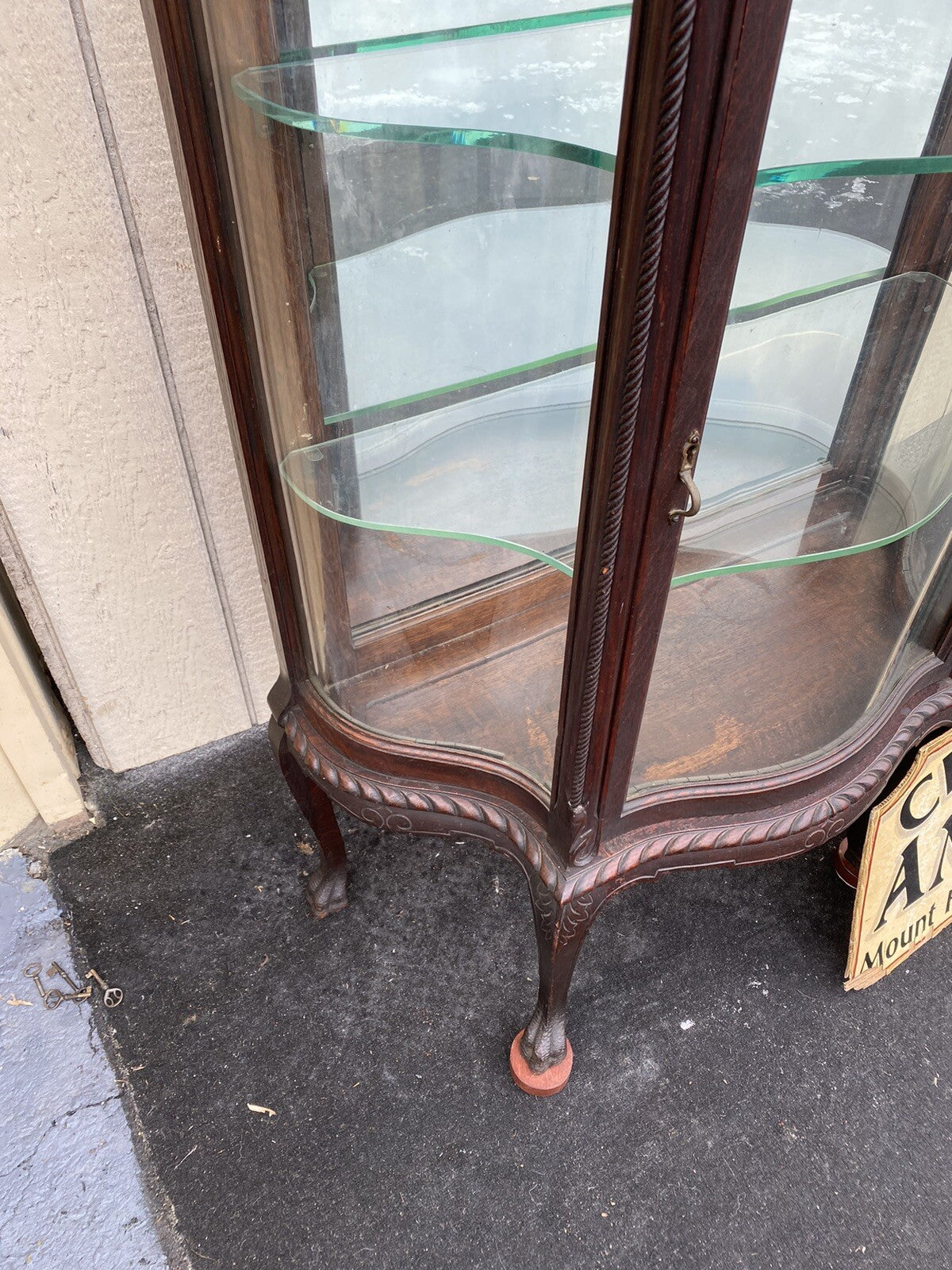 66107   Antique Victorian Oak Serpentine Curio China Cabinet