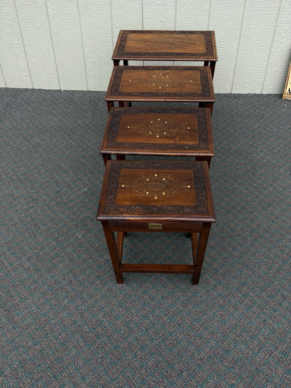 67039 Solid Mahogany Brass Inlaid Set of 4 Oriental Stacking Lamp  Table s