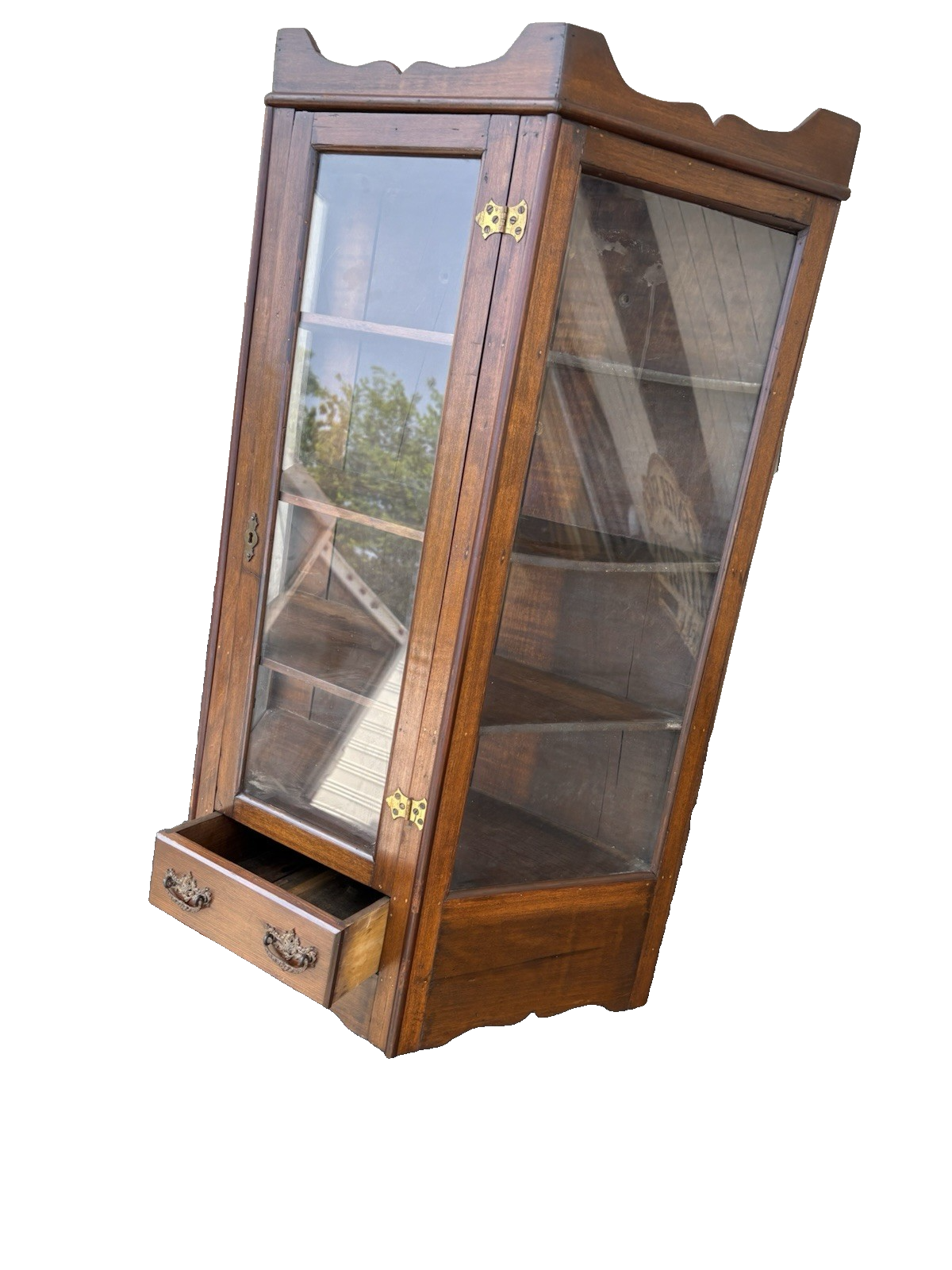 66800   Antique Victorian Walnut Whatnot Wall Curio Shelf with Drawer