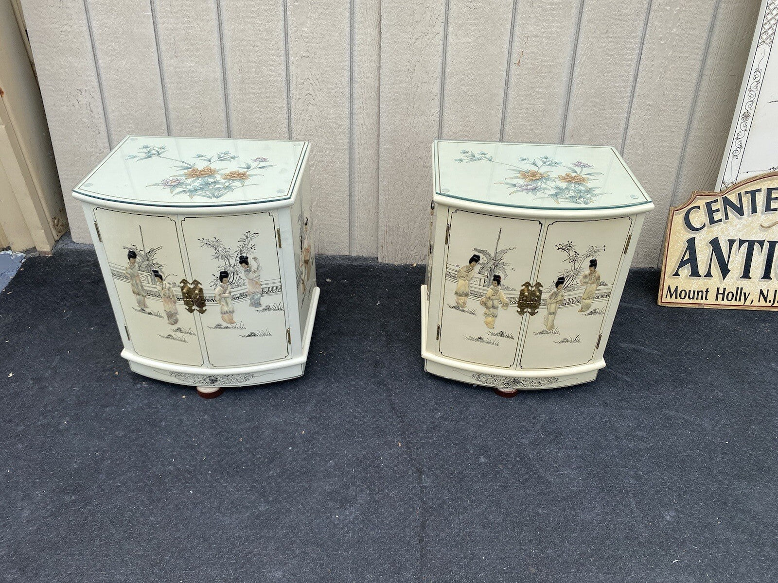 64600 PAIR  Bow Front Decorated Oriental Nightstands End Table s