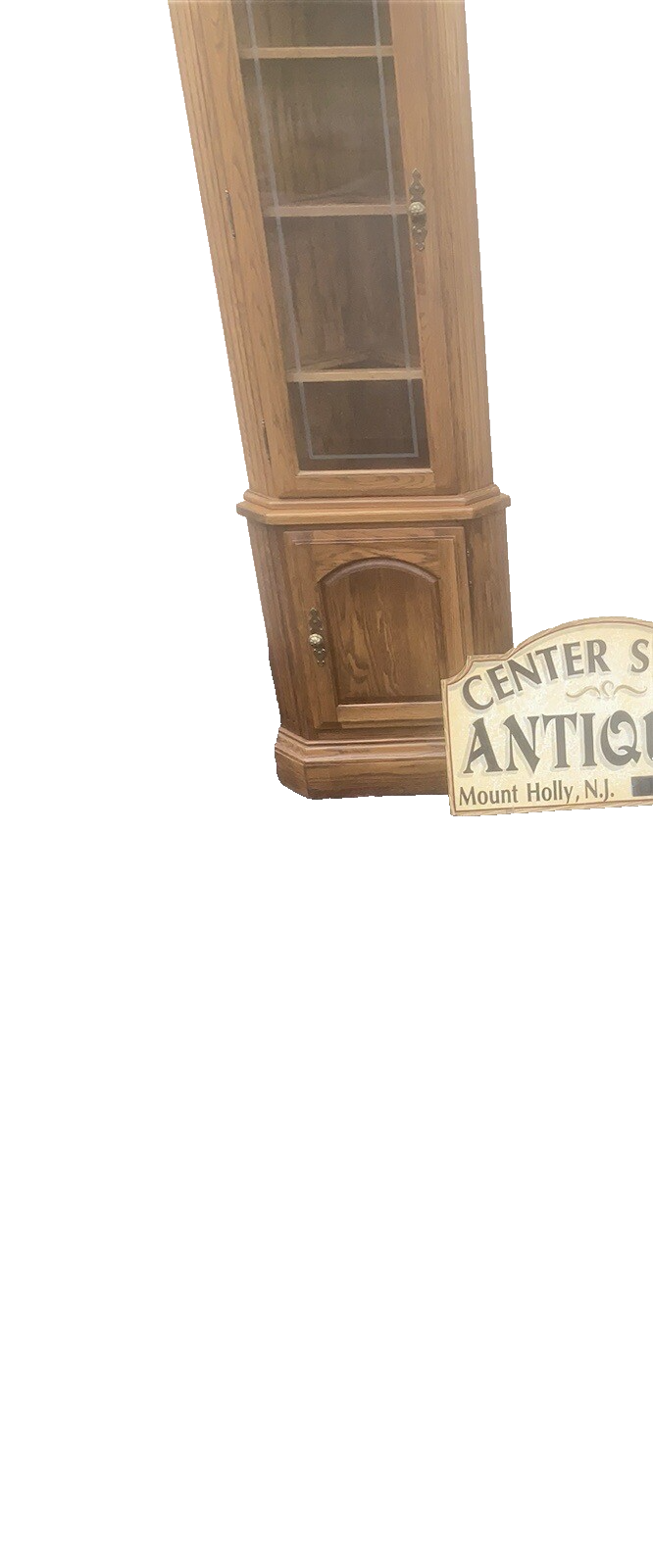 64573  PAIR Oak Corner Cabinet Curio s  With 3 wood and glass shelves each