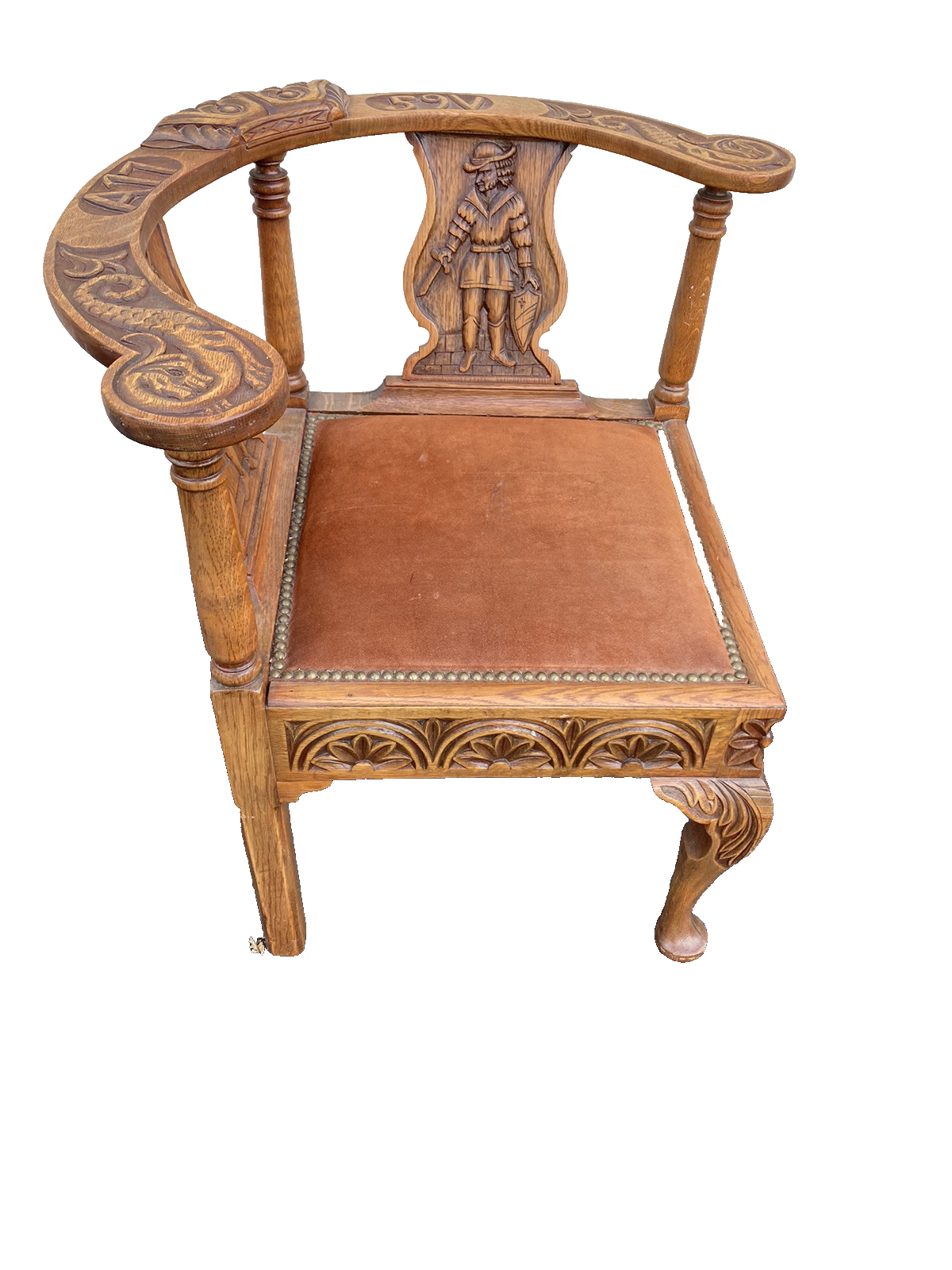 66381 Custom Made Hand Carved Oak Corner Chair