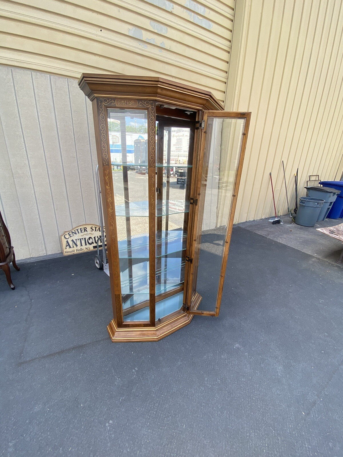 64593  Pulaski Stenciled Lighted Curio Cabinet With Plate Glass Shelves + Light