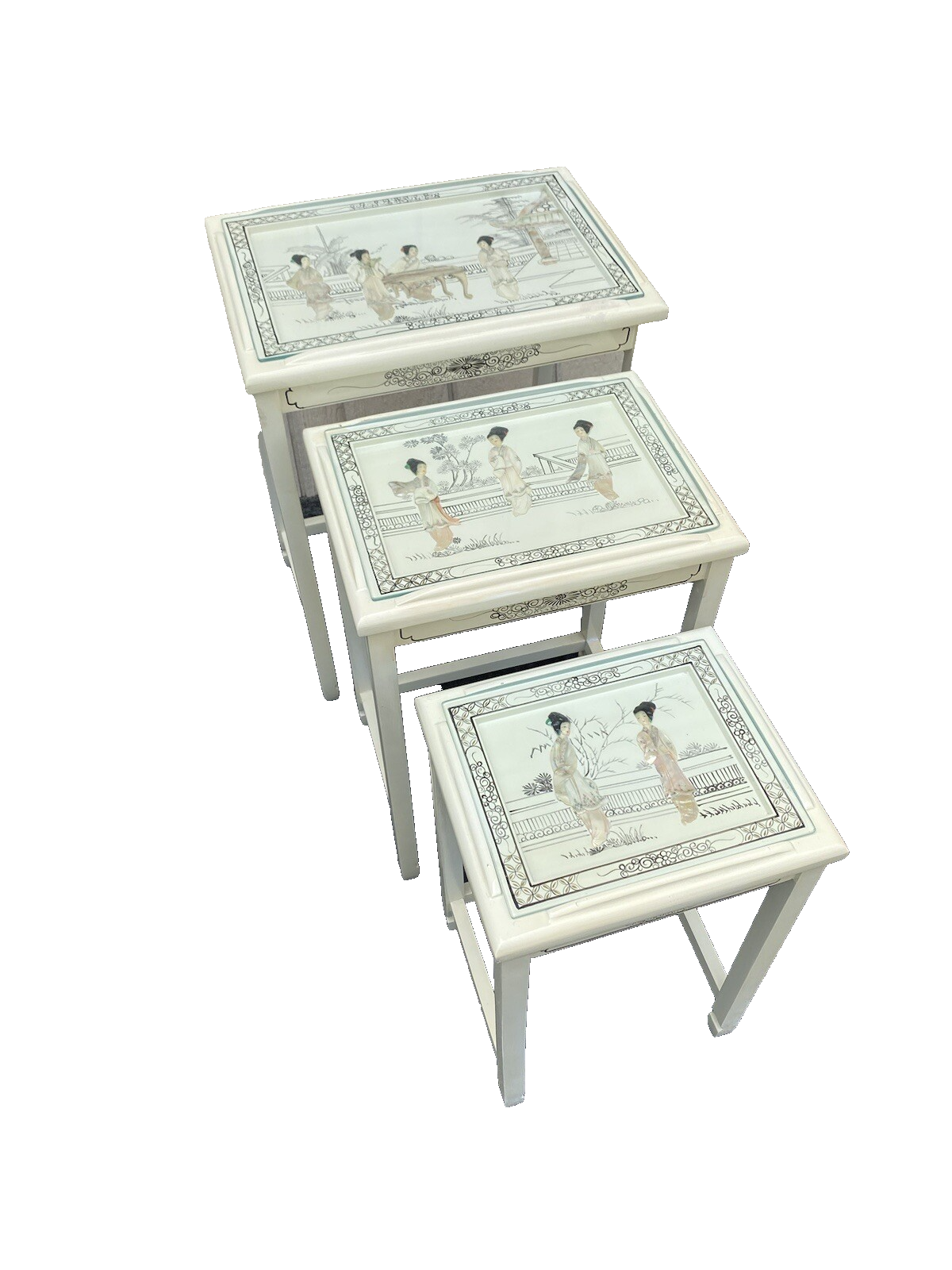 64597 Set Of 3 Oriental Decorated Nesting Stacking Tables