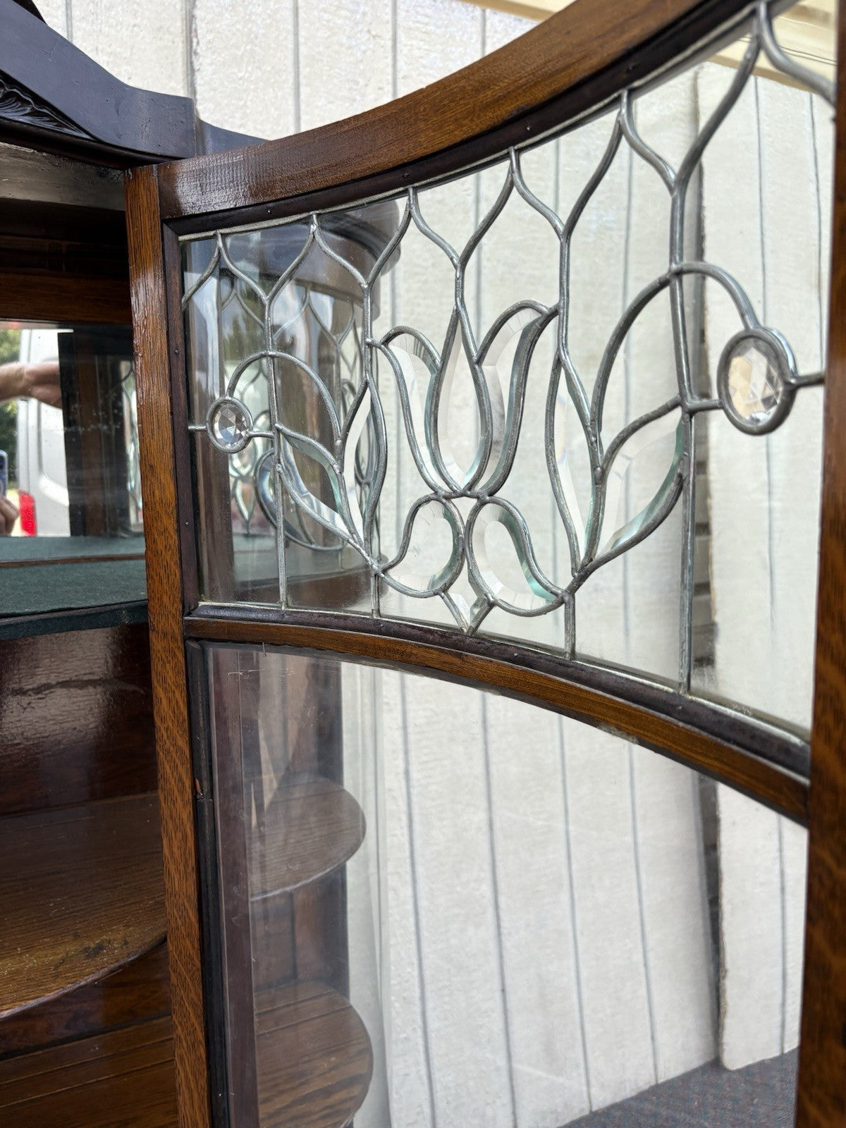 66903   Antique Victorian Oak Leaded Glass Bow Glass Curio China Cabinet