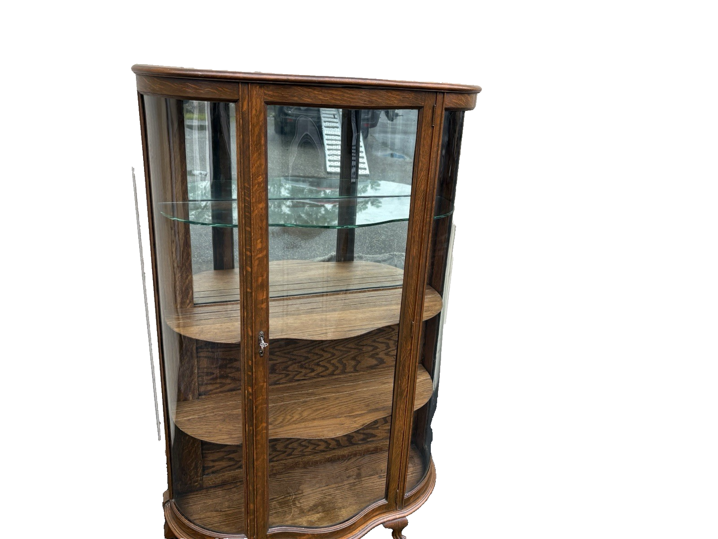 66717 Antique Victorian Oak Bow Glass Curio Cabinet + Serpentine Glass Door