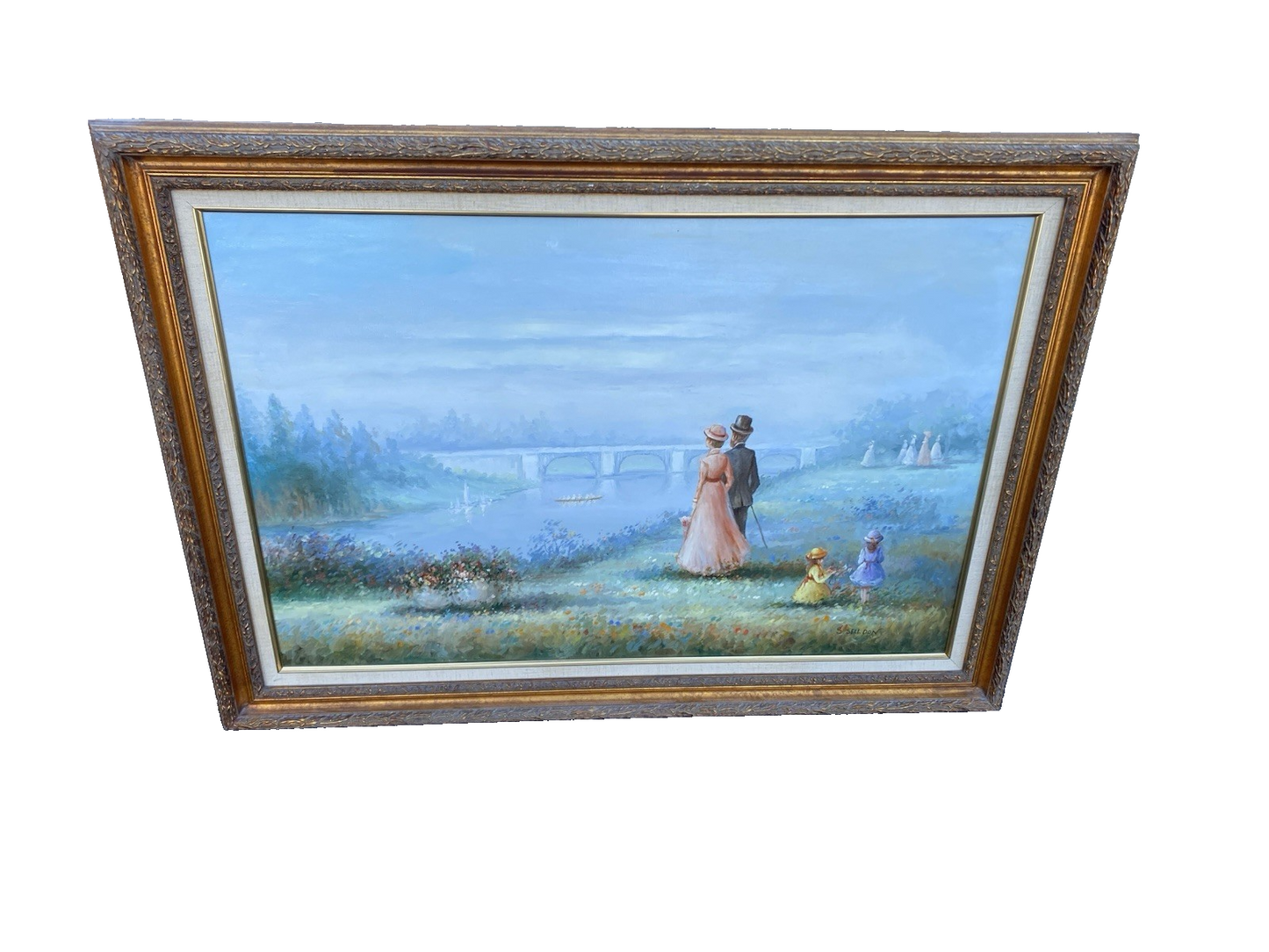 66053  Oil Painting of Lake and Bridge on Canvass  Picture Signed  S SELL DON