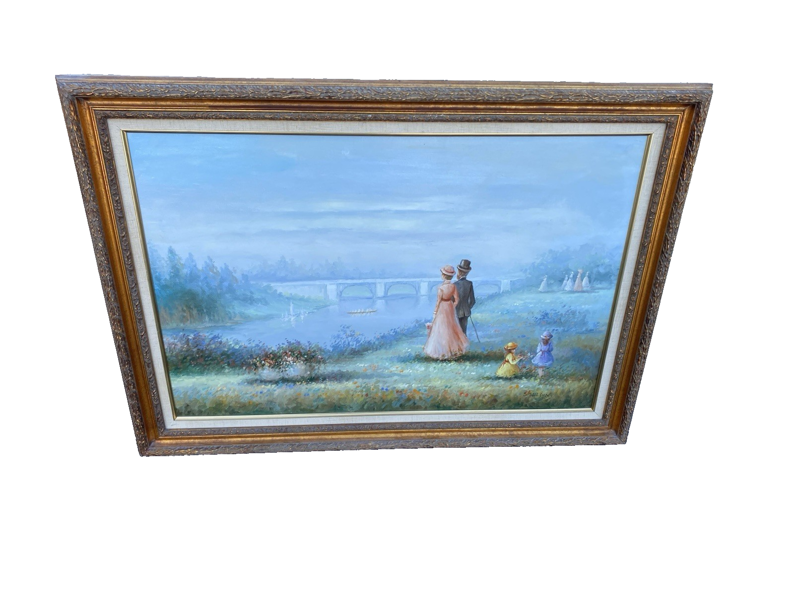 66053  Oil Painting of Lake and Bridge on Canvass  Picture Signed  S SELL DON