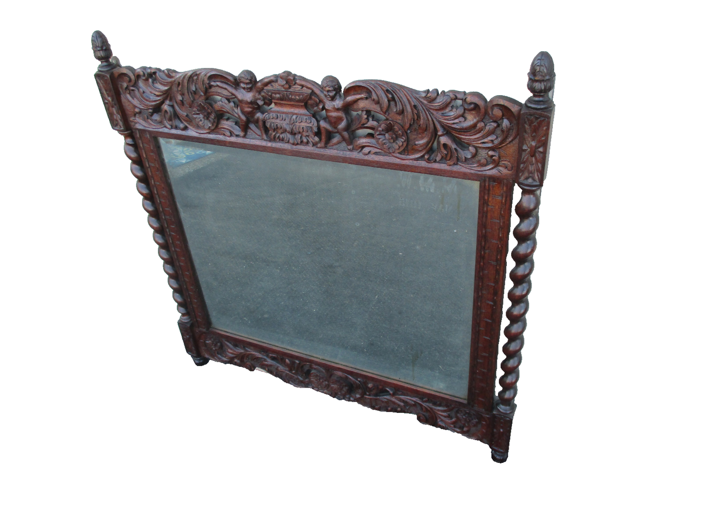 64039   Antique Oak Hand Made Mirror with Cherub Carvings