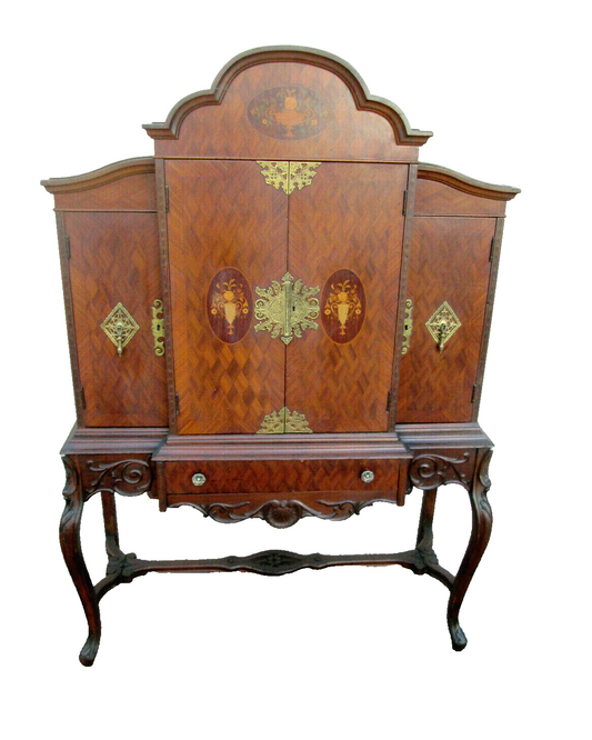 56654 Vintage French Inlaid Urns China Bar Cabinet Curio