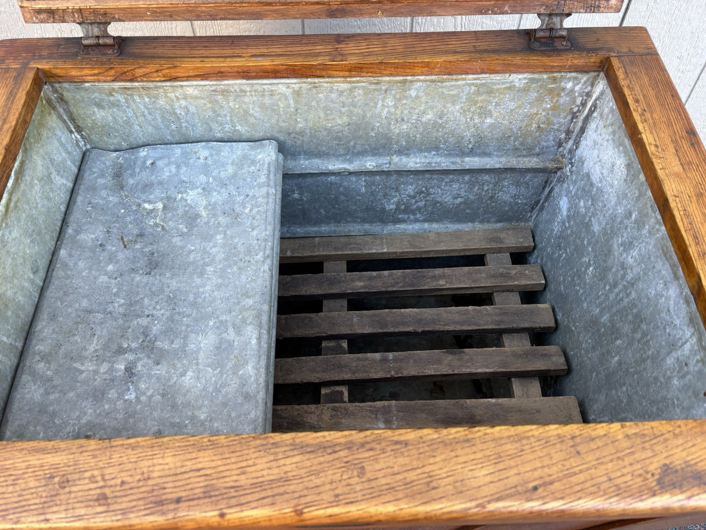 67160 Antique  BAMBERGER Victorian Oak Ice Box Refrigerator with Lift Top