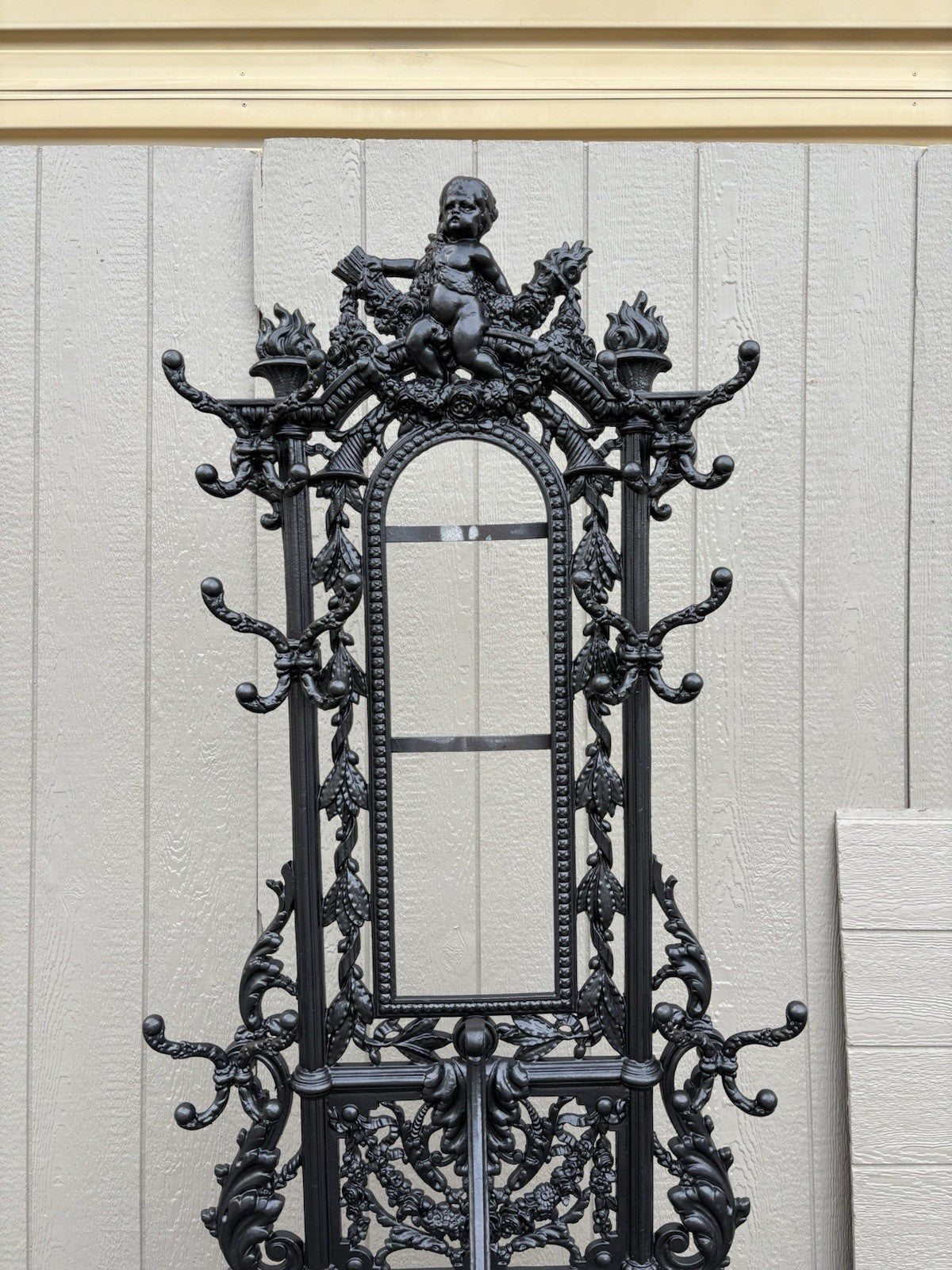 67160 Antique Victorian Cast Iron Hat Rack Halltree with Mirror Cherub and lion