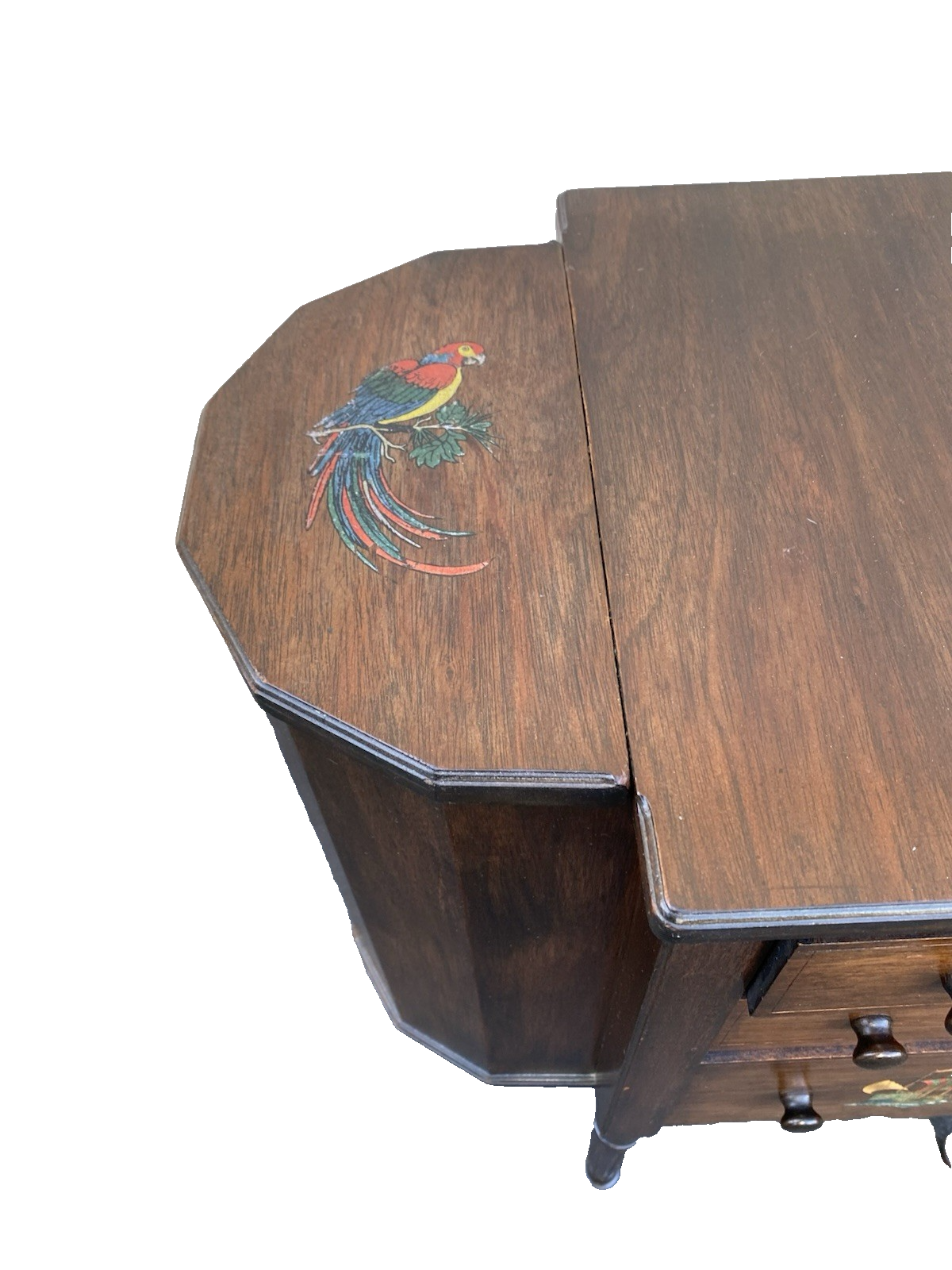 66476 Antique Mahogany Sewing Stand Hand Painted Parrot and Ship Designs