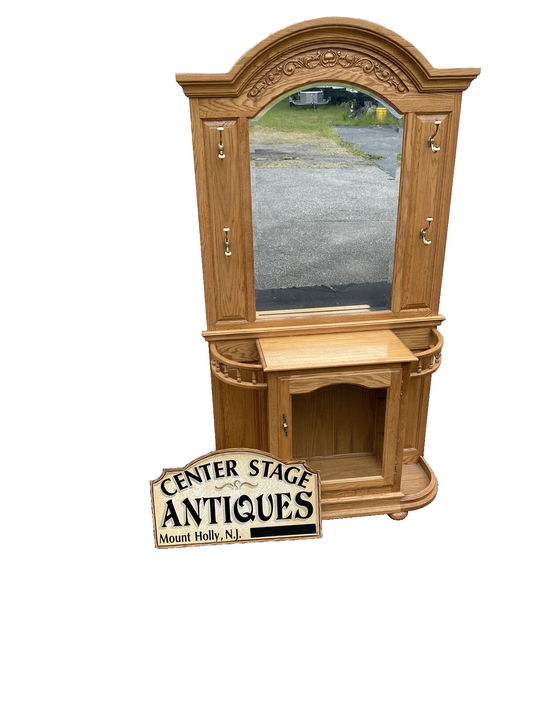 64774  Oak Hall Seat Hat Rack Umbrella Stand Curio