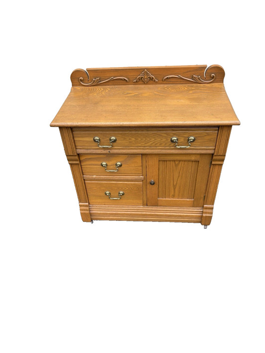 66730 Antique Victorian Oak Washstand Dresser Chest with Carved Backsplash