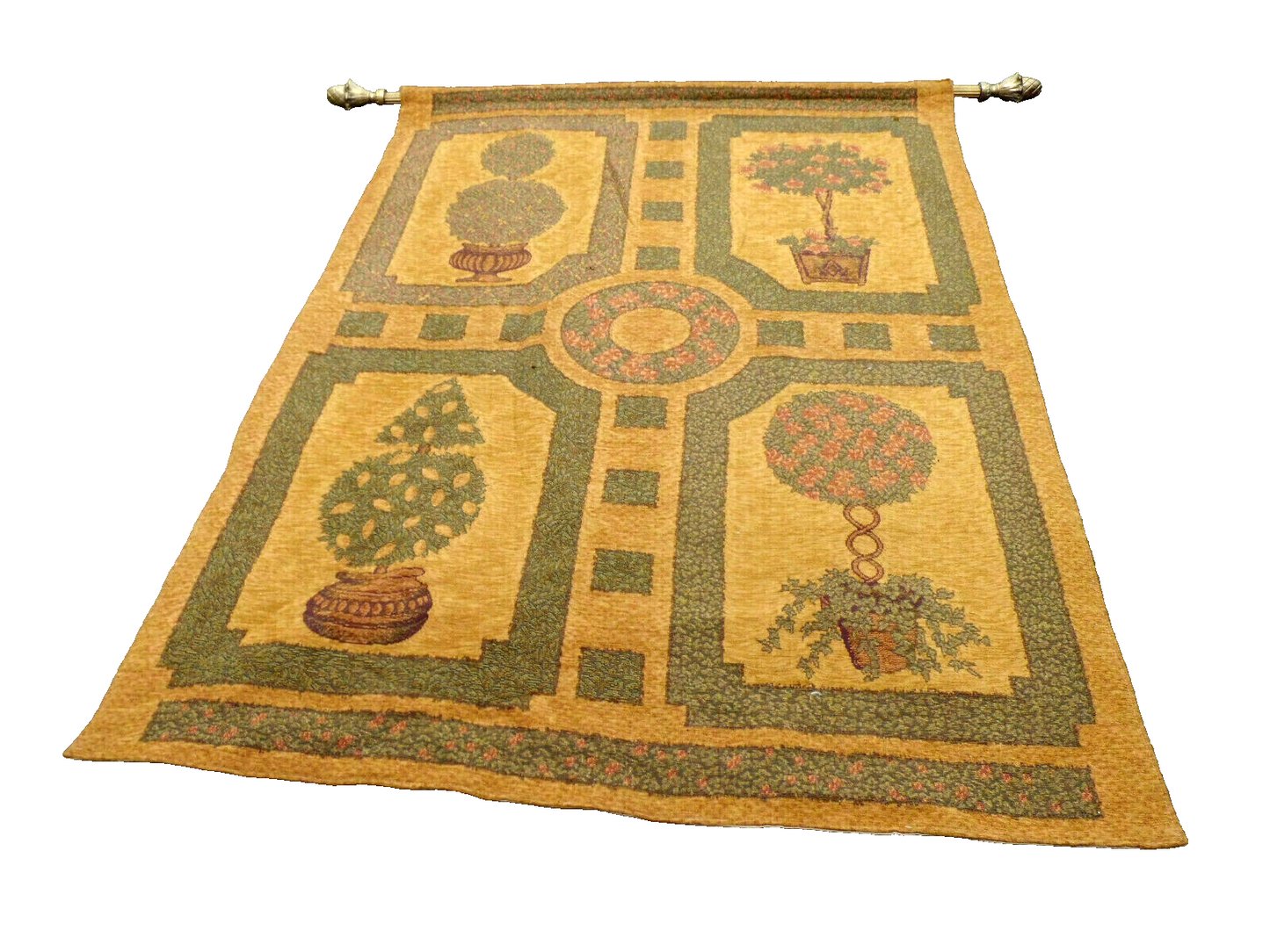 50416 Large Floral Tapestry Wall Decoration with Wood Rod  + Brass Finials