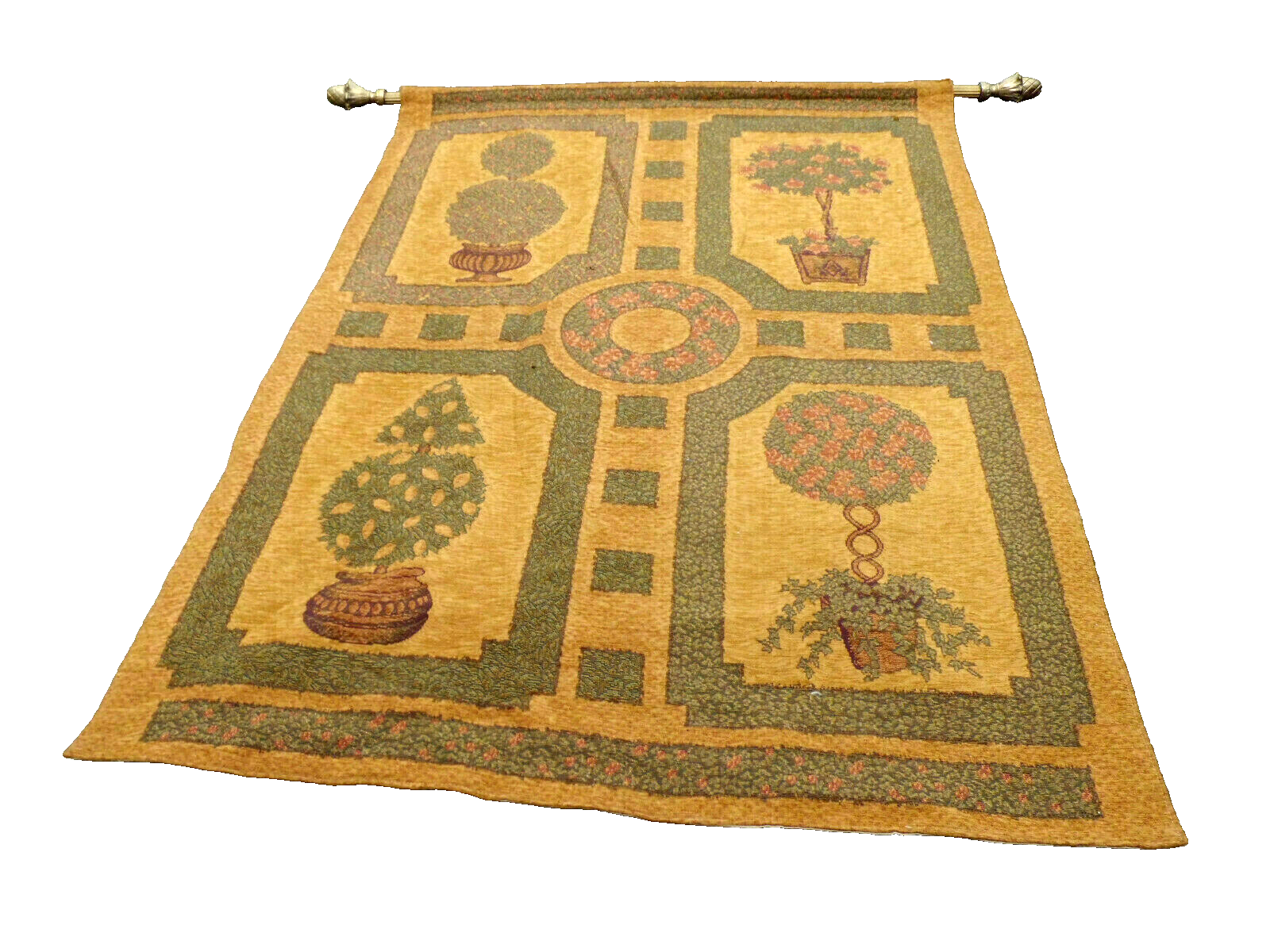 50416 Large Floral Tapestry Wall Decoration with Wood Rod  + Brass Finials