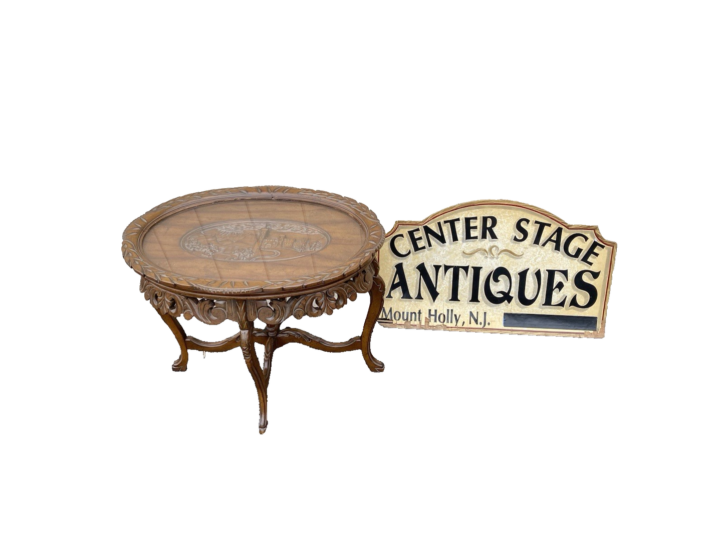 66546 Antique Walnut Tray Top Coffee Table Stand  RARE City Scape Design