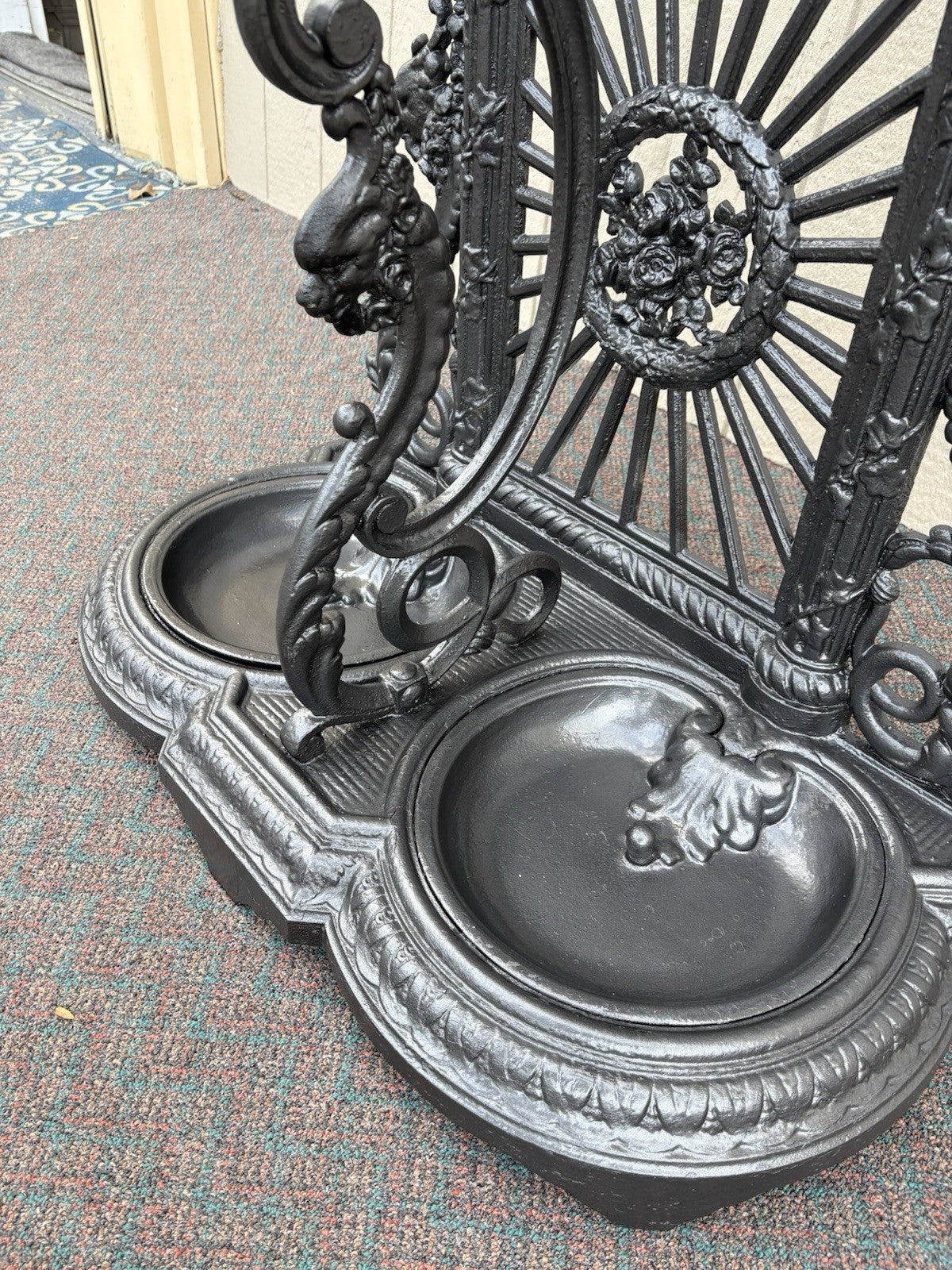 67160 Antique Victorian Cast Iron Hat Rack Halltree with Mirror Cherub and lion