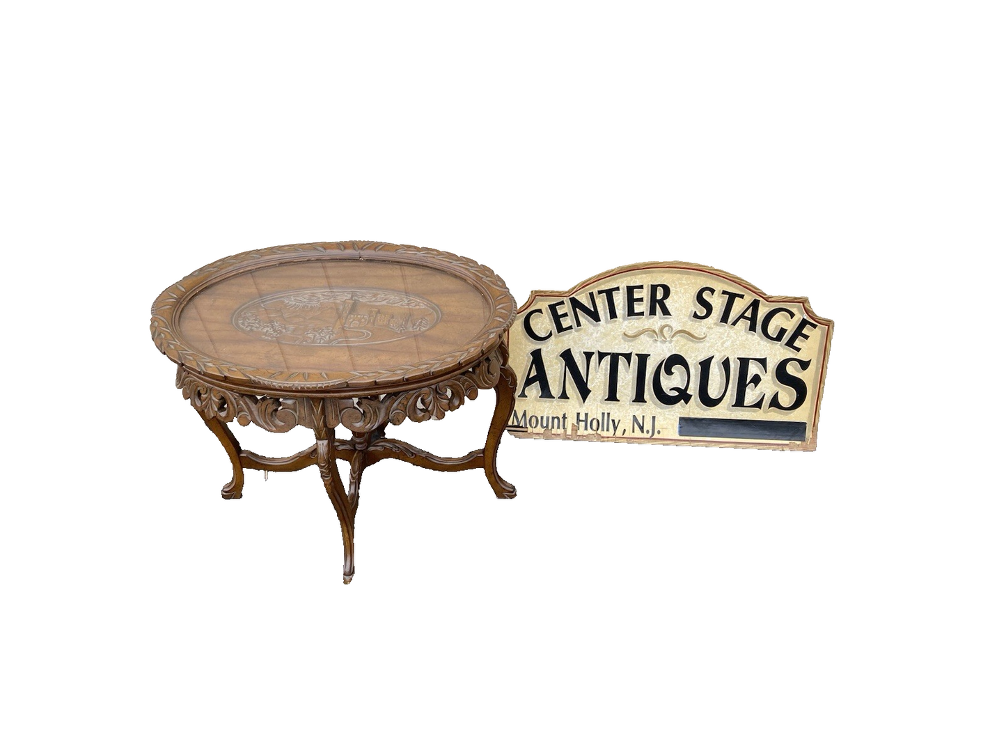 66546 Antique Walnut Tray Top Coffee Table Stand  RARE City Scape Design