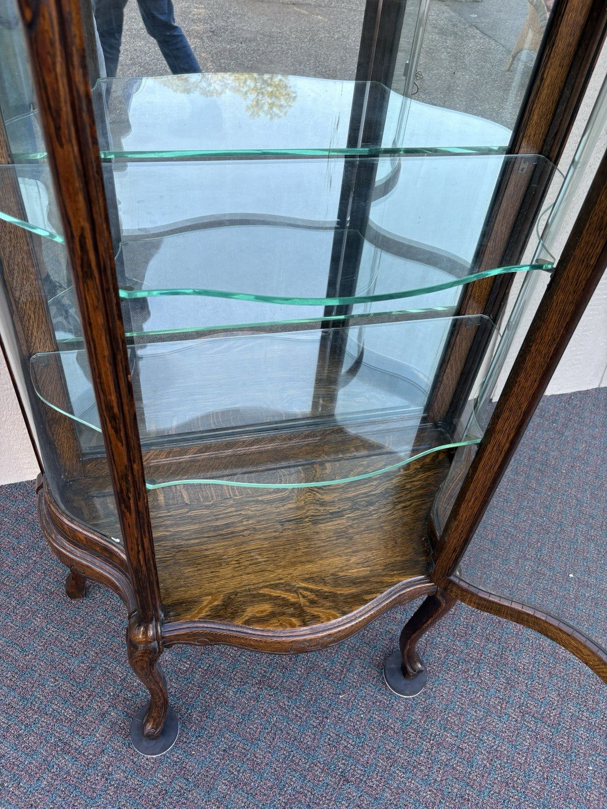 67008 Antique Victorian Oak Serpentine Glass Curio China Cabinet