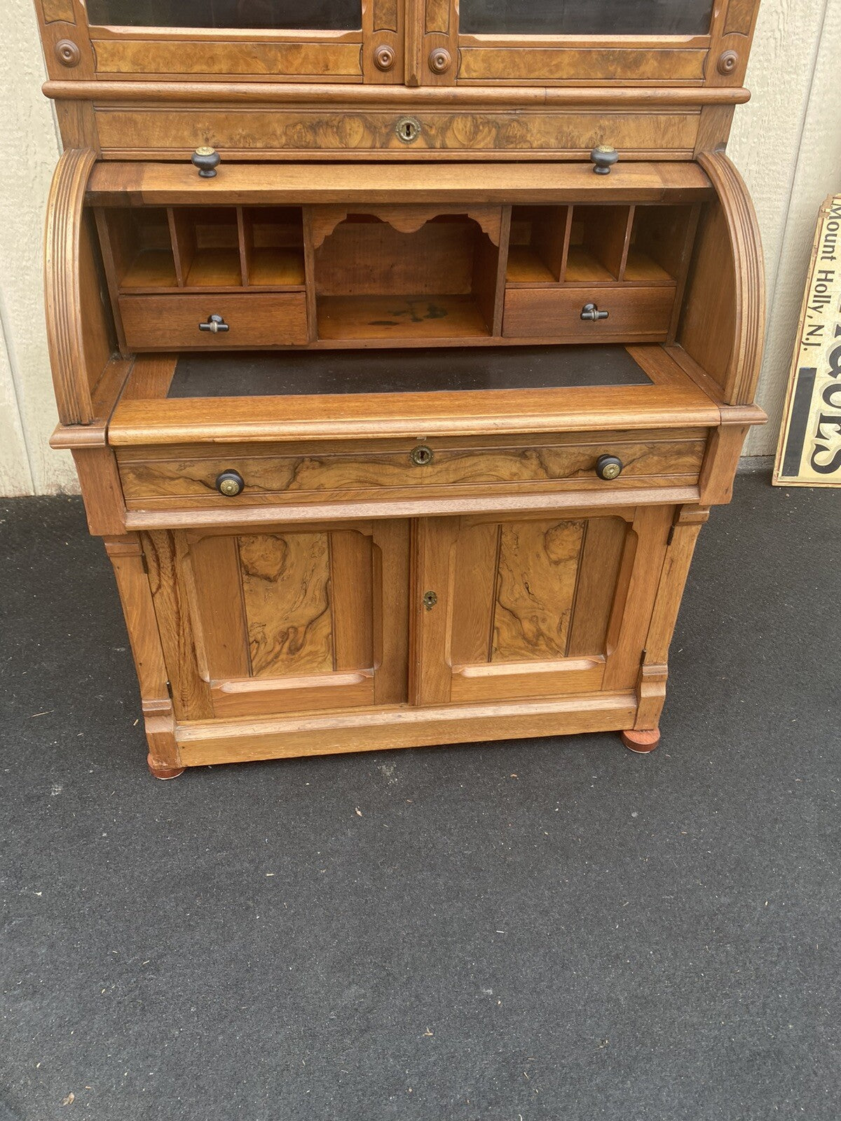 65390 Antique Victorian Burled Walnut Cylinder Desk w/ Bookcase Top and keys