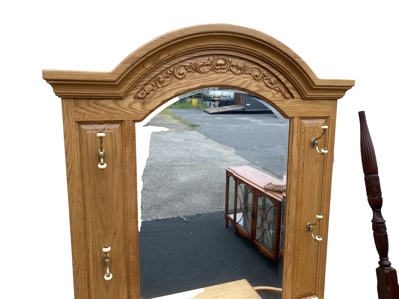 64774  Oak Hall Seat Hat Rack Umbrella Stand Curio