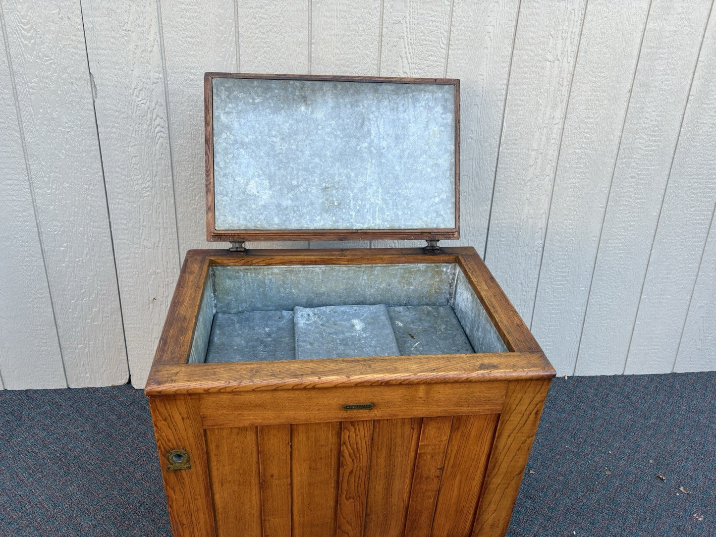67160 Antique  BAMBERGER Victorian Oak Ice Box Refrigerator with Lift Top
