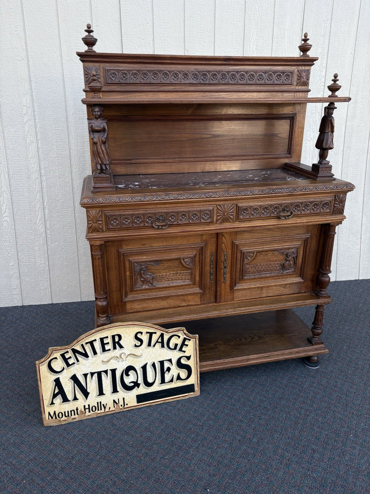 67011 Antique French Marble Top Buffet Sideboard Cabinet