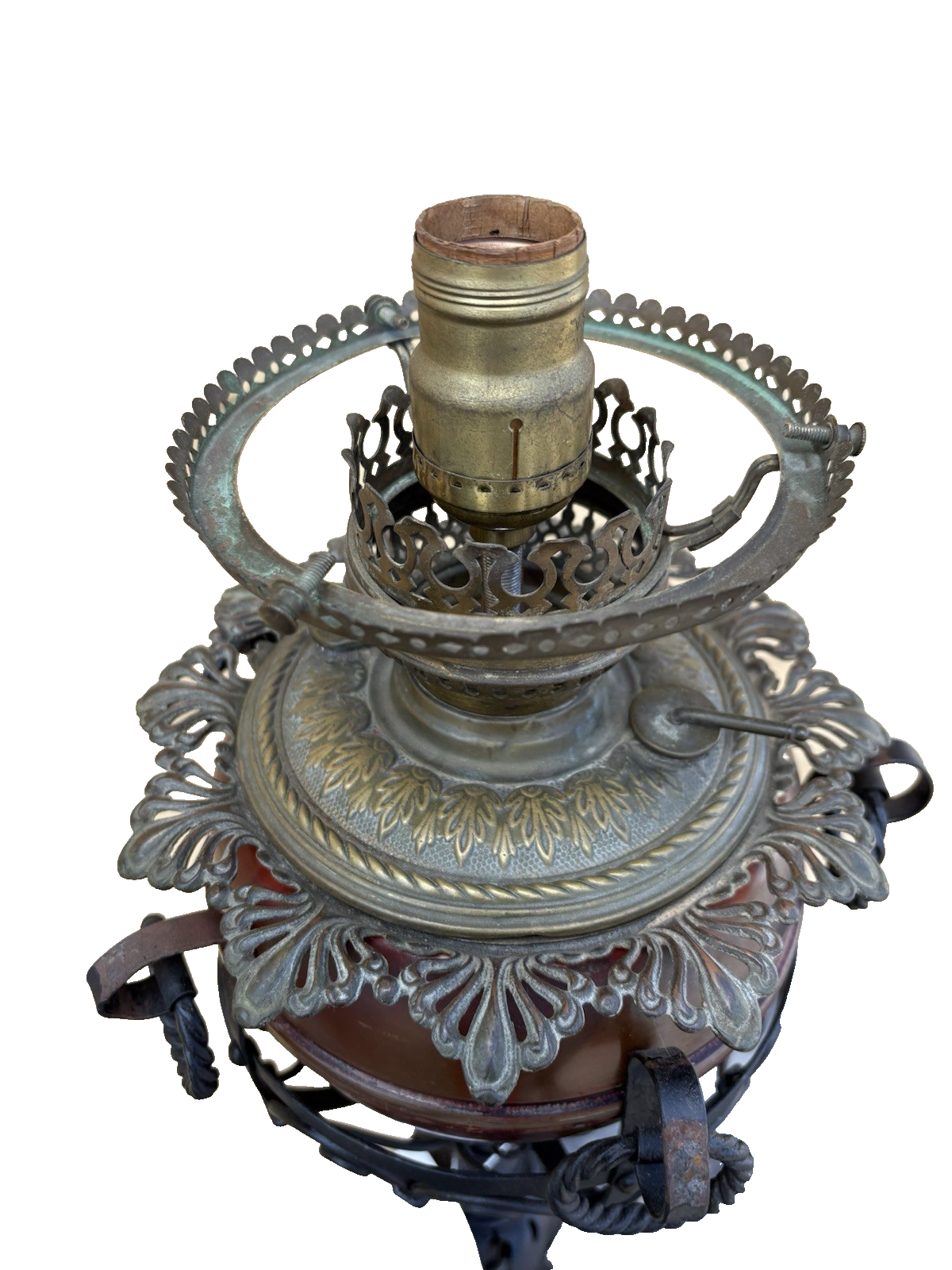 65482  Antique Victorian Piano Lamp Fancy Wrought Iron Base