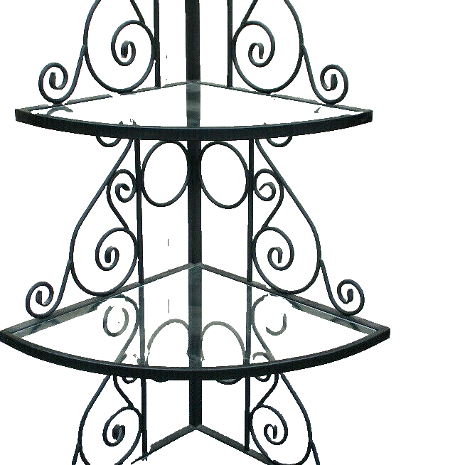 62802    QUALITY Iron Bakers Rack Corner Cabinet with Glass Shelves