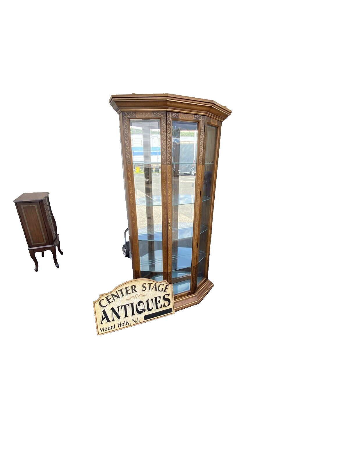 64593 Pulaski Stenciled Lighted Curio Cabinet With Plate Glass Shelves + Light