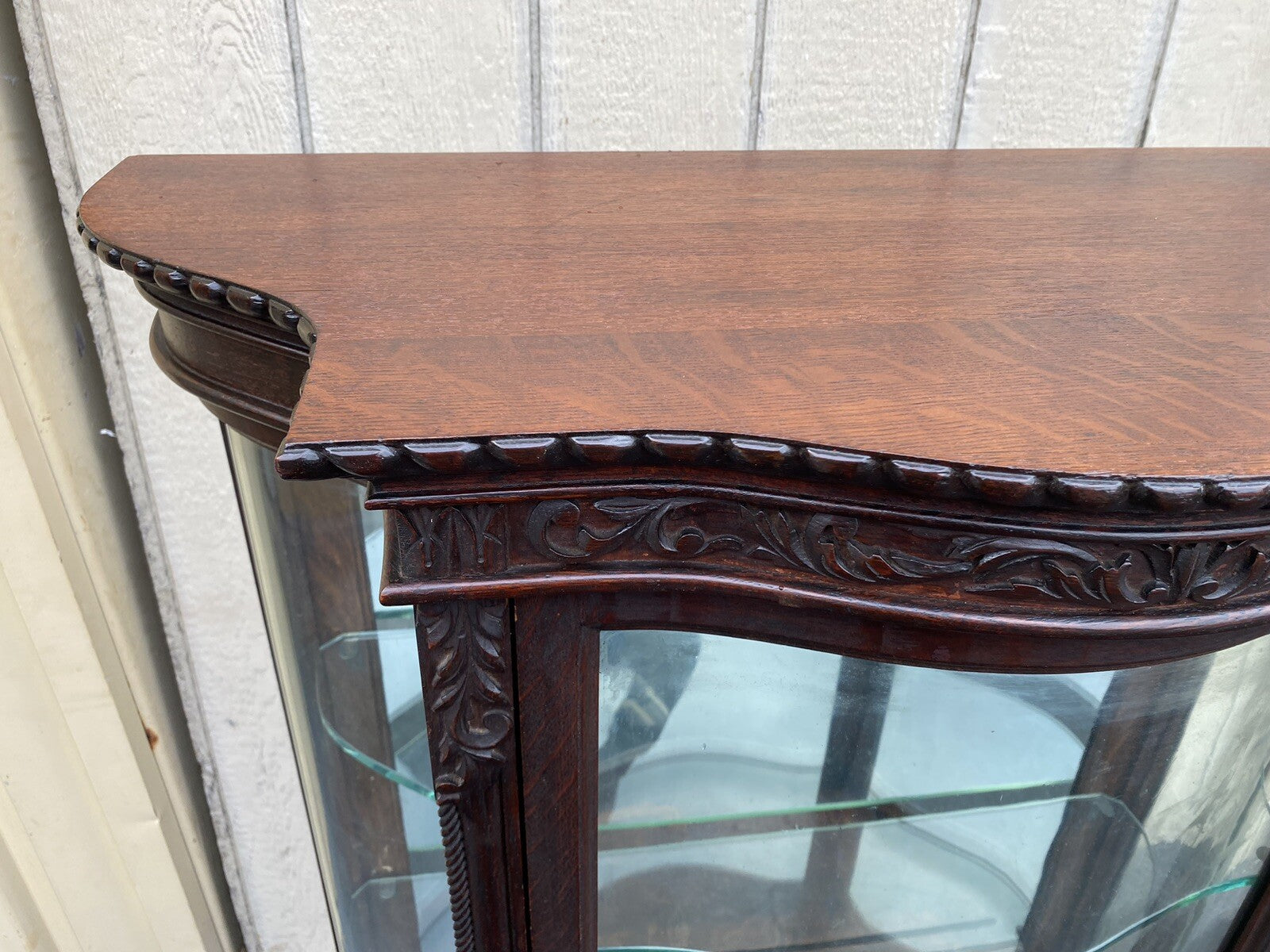 66107   Antique Victorian Oak Serpentine Curio China Cabinet