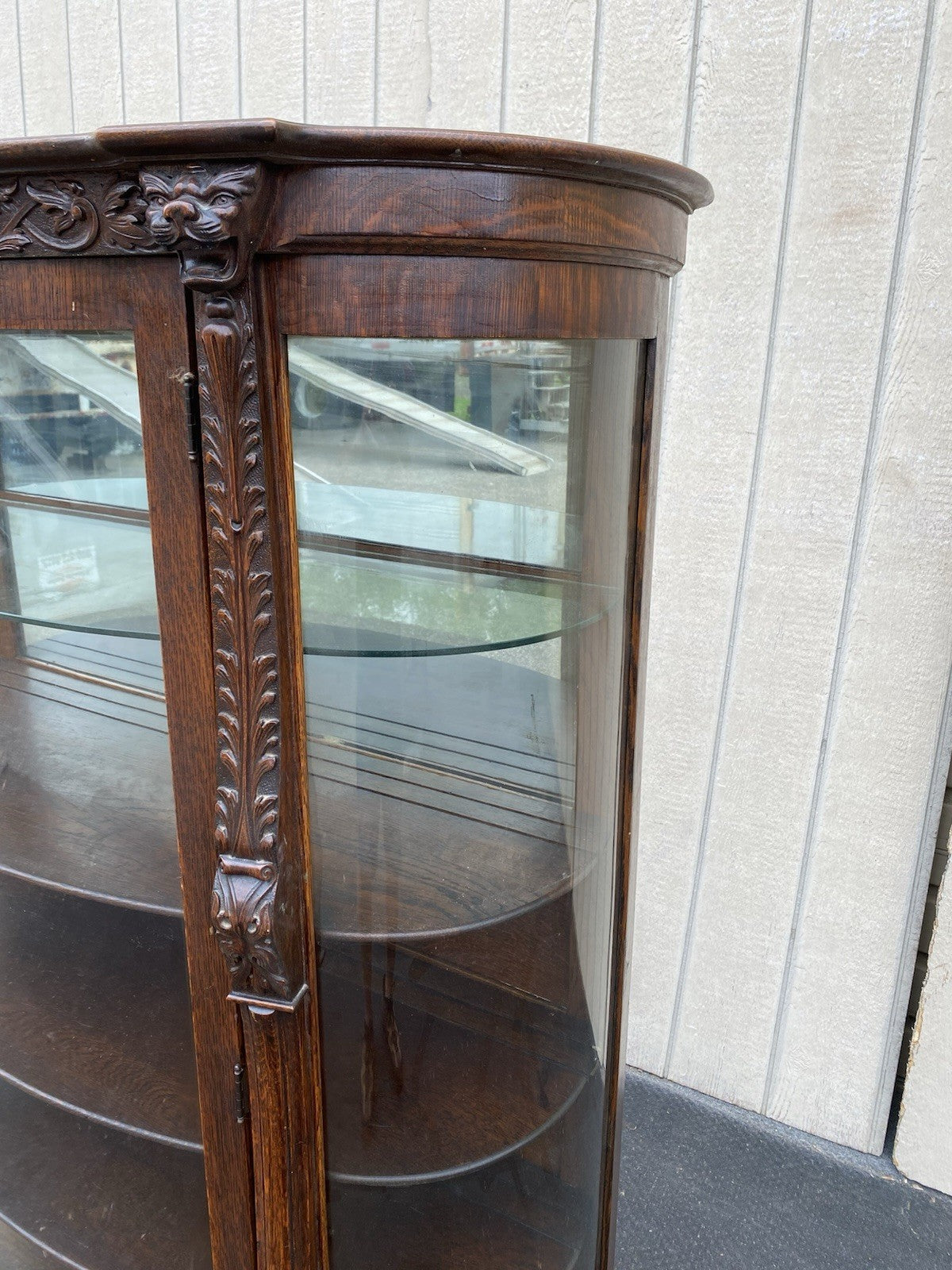 63537 Antique Victorian Oak Hand Carved Bow Glass Lion Head Curio China Cabinet
