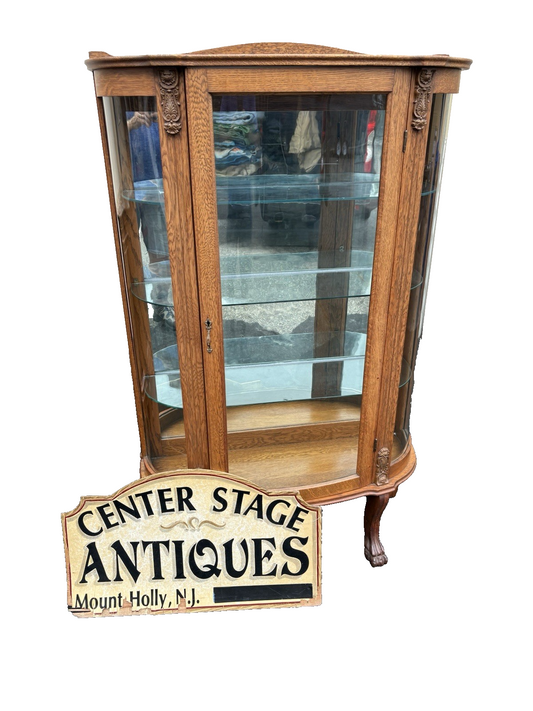 66846 Antique Victorian Oak Bow Glass Curio China Cabinet