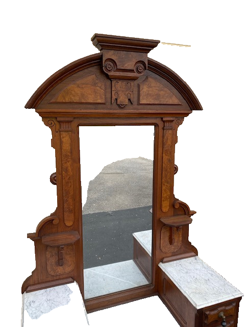 63933   Antique Victorian Walnut  2 pc Marble Top Bedroom Set Bed Dresser w/ Mir