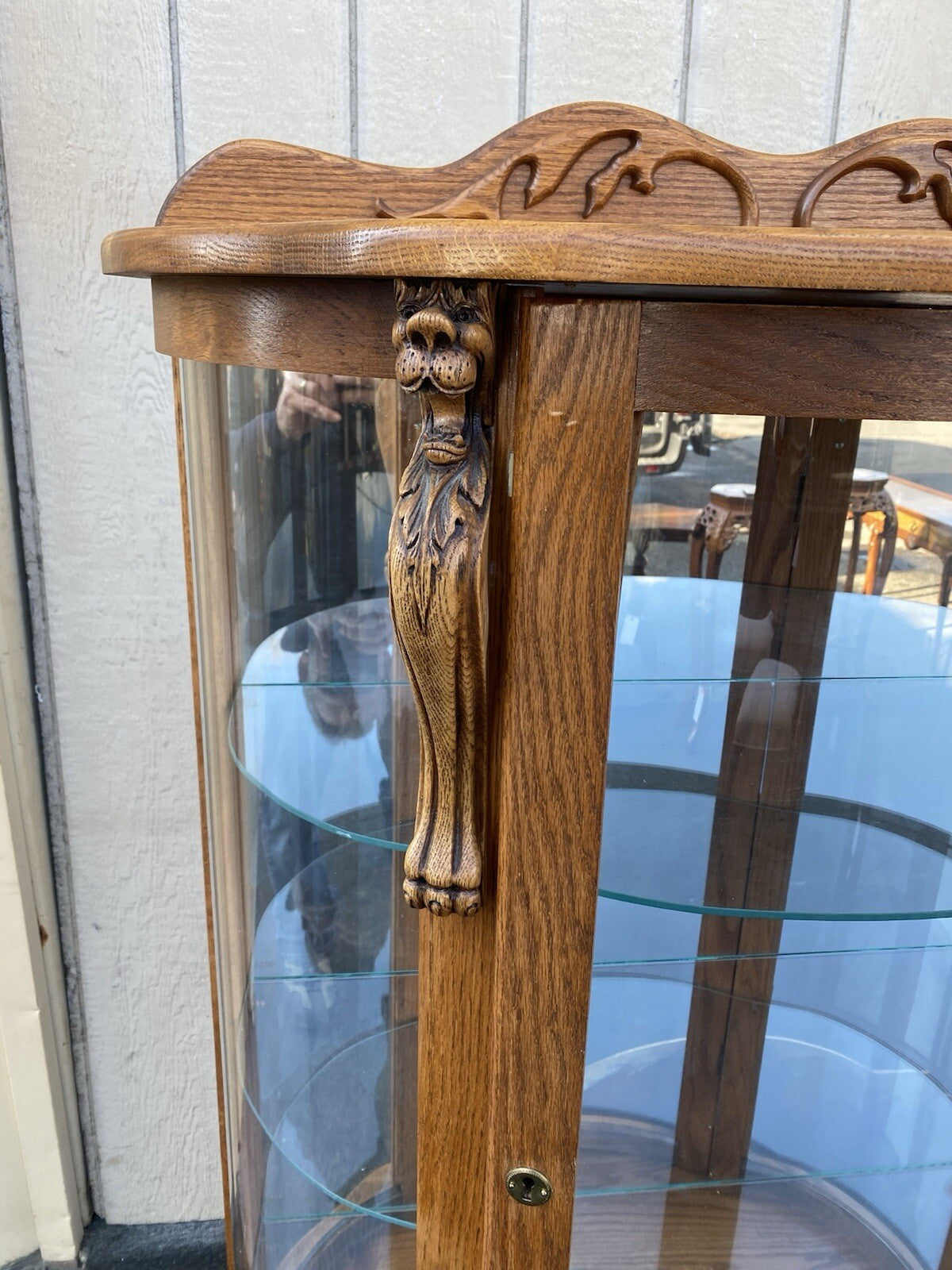 66252 Oak Lion Headed Bow Glass Curio China Cabinet