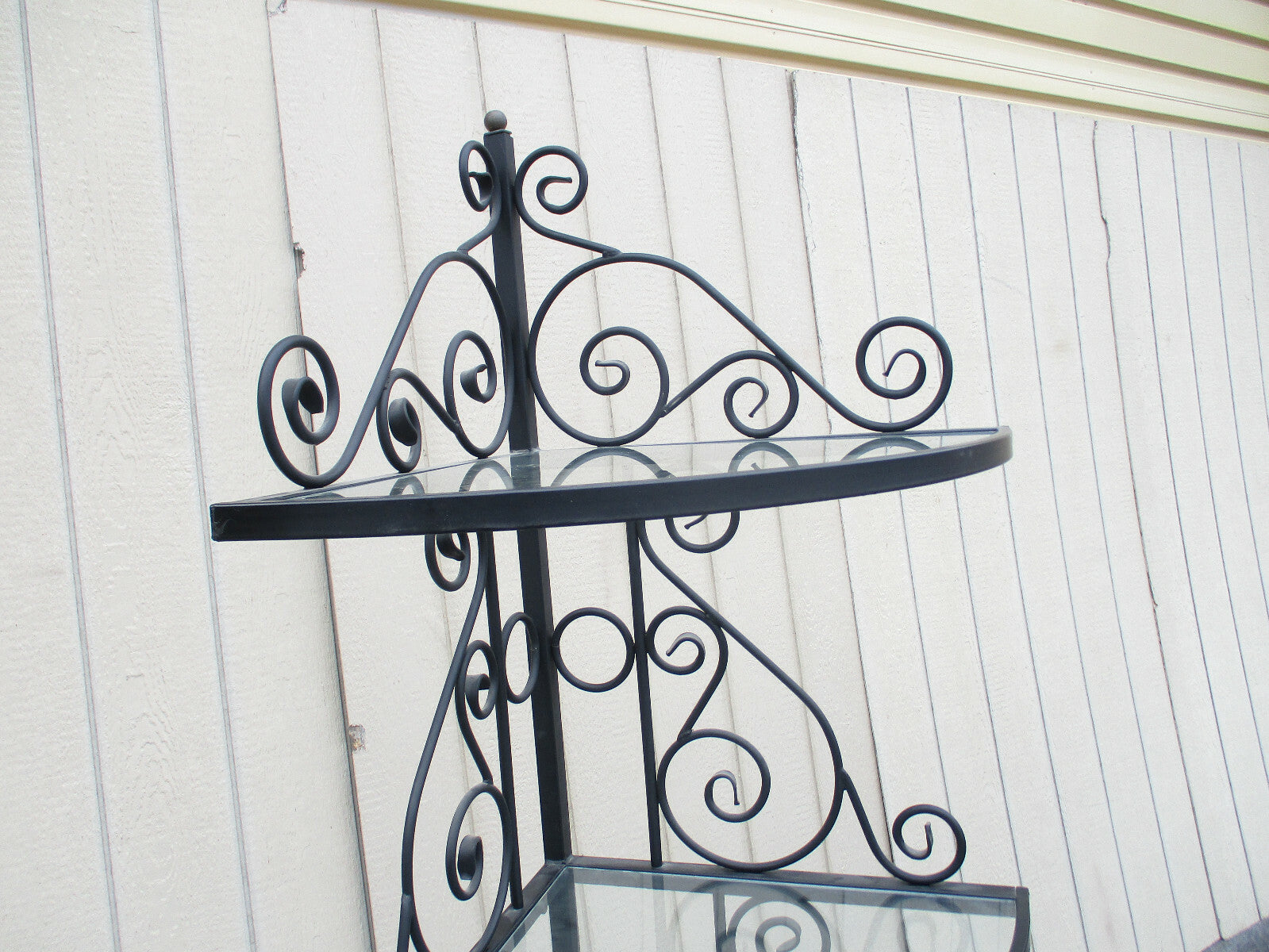 62802    QUALITY Iron Bakers Rack Corner Cabinet with Glass Shelves