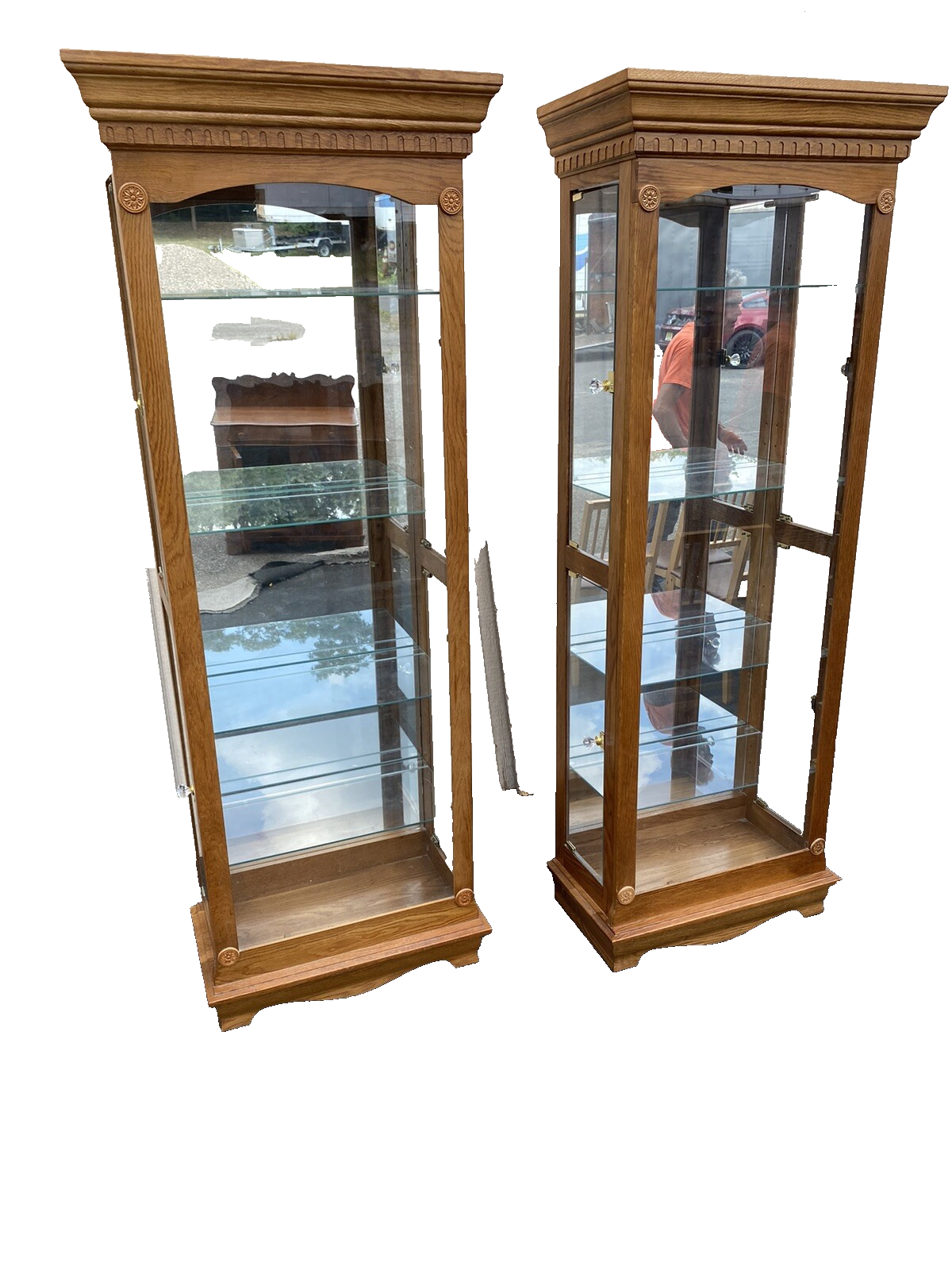 65590     PAIR   of    Matching    Oak Curio China Cabinets
