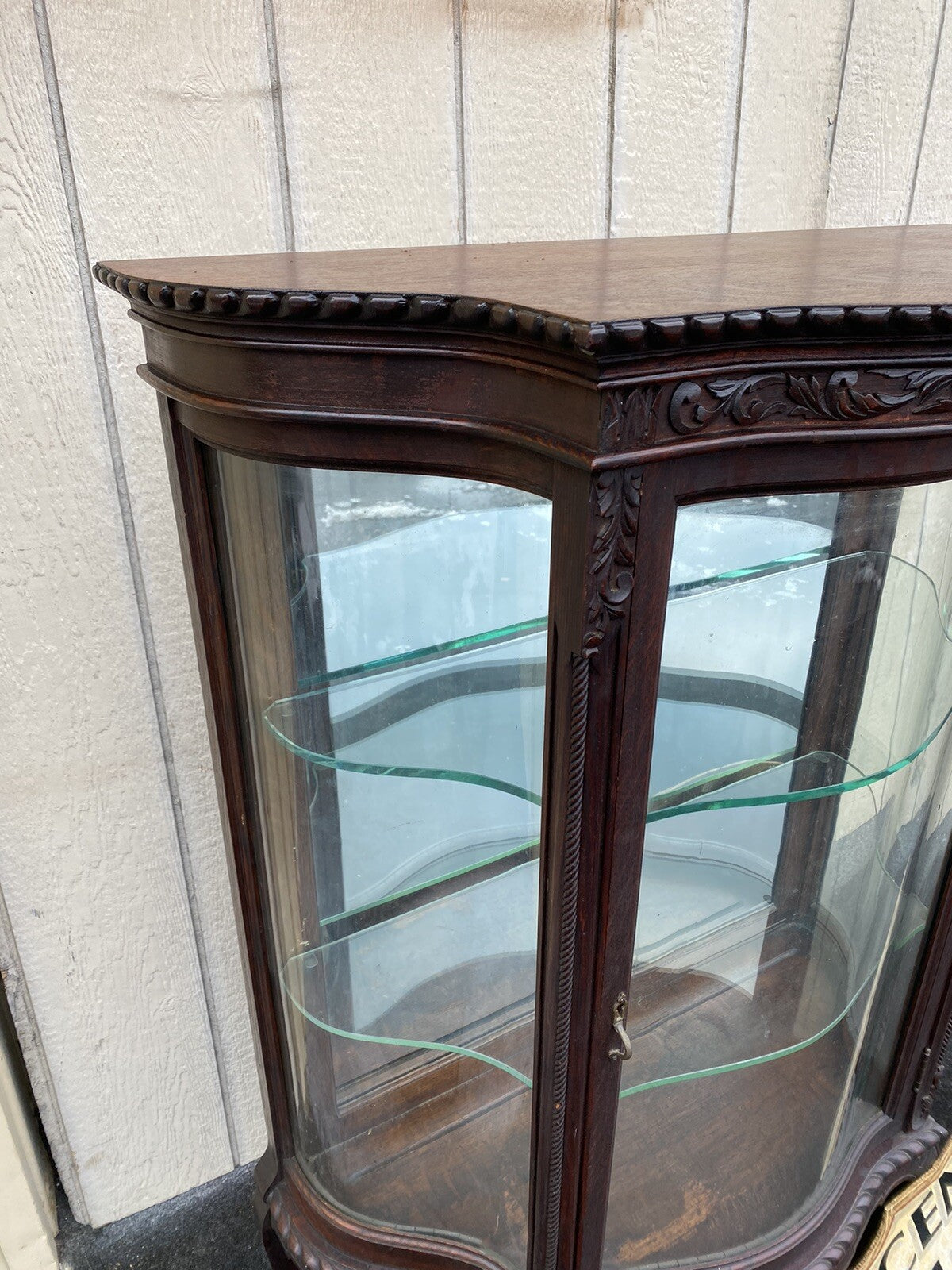 66107   Antique Victorian Oak Serpentine Curio China Cabinet